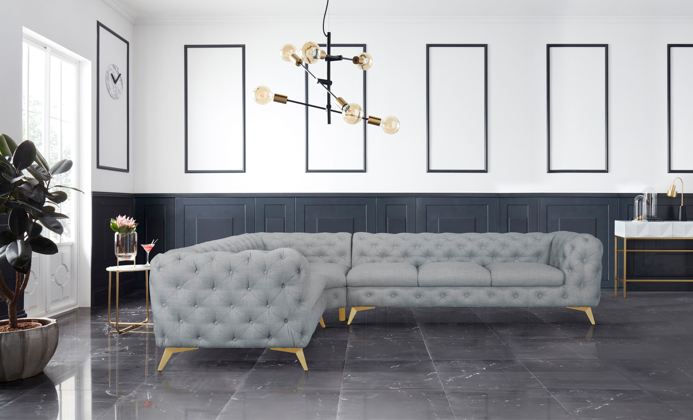 Leonique Chesterfield-Sofa »Ecksofa GLYNIS L-Form mit Wellenunterfederung, Masse B/T/H 323/264/75cm«, aufwändige Knopfheftung, moderne Chesterfield Optik, Fussfarbe wählbar