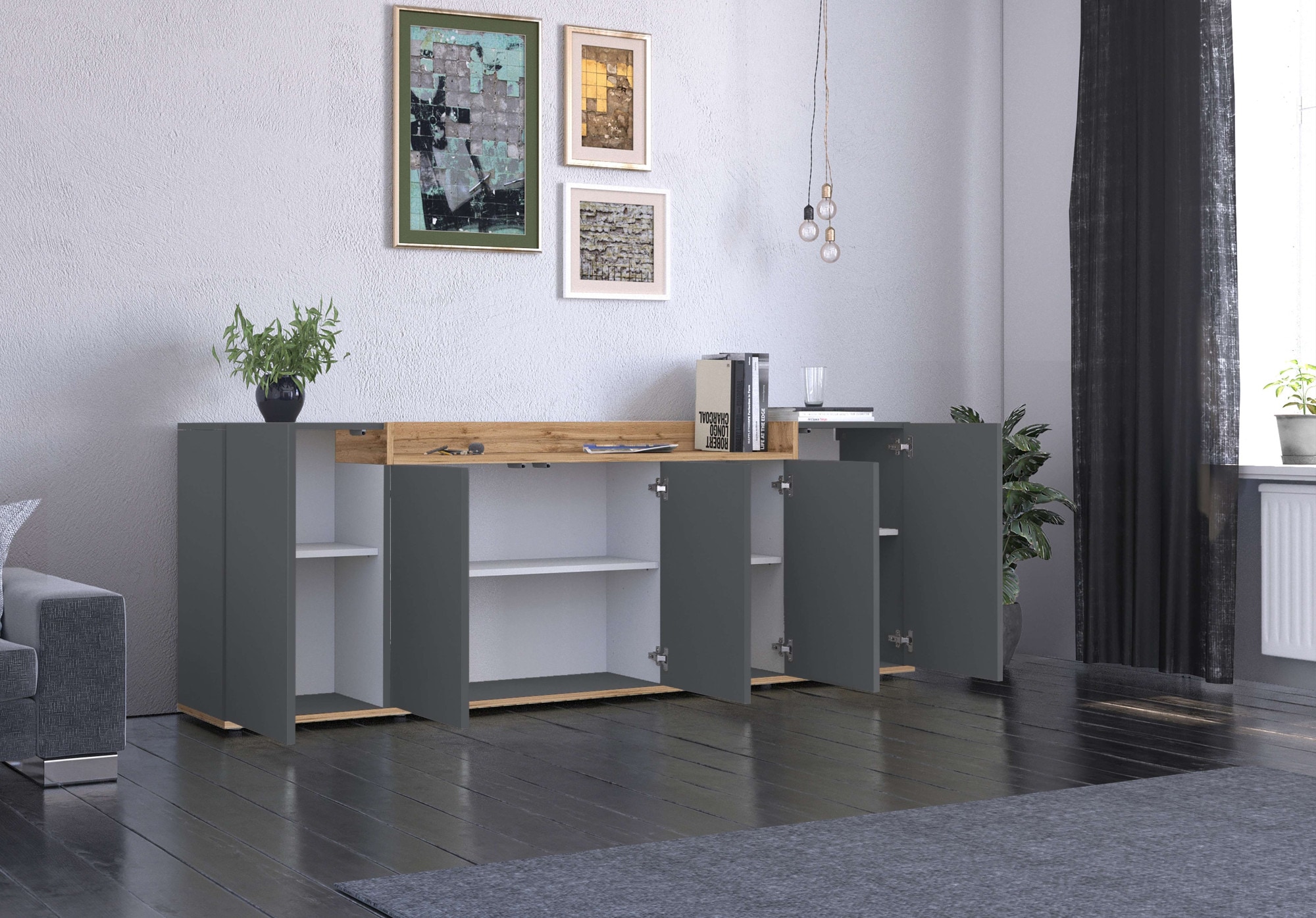 GOODproduct Buffet »BOLSENA, Kommode, Schrank,Lowboard mit 8 Fächer und offenes Ablagefach« 1 cuis tlg. stehend/hängend montierbar, Made in Italy, B/T/H: 200 × 35 × 71,2 cm