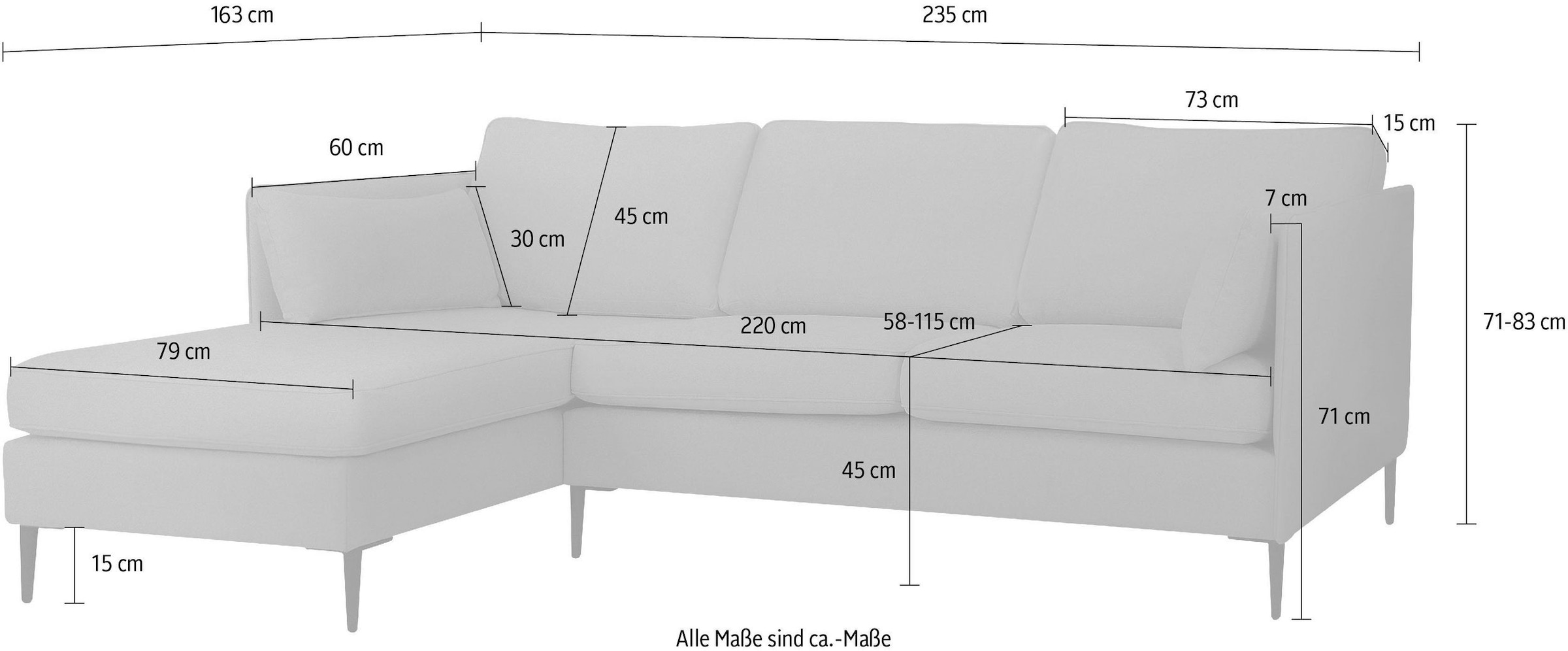 Leonique Ecksofa »Light L-Form«, inklusive loser Zierkissen, mit schmalen Armlehnen und Teleskopfüssen