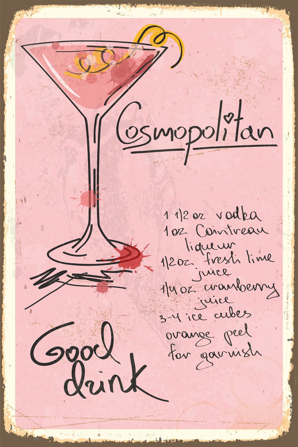 Image of queence Metallbild "Cosmopolitan" Getränke Schriftzug Sprüche Sprüche & Texte 1 Stk. tlg. Stahlschild, Blechschild, Rezept, Cocktail, rosa, Wanddeko
