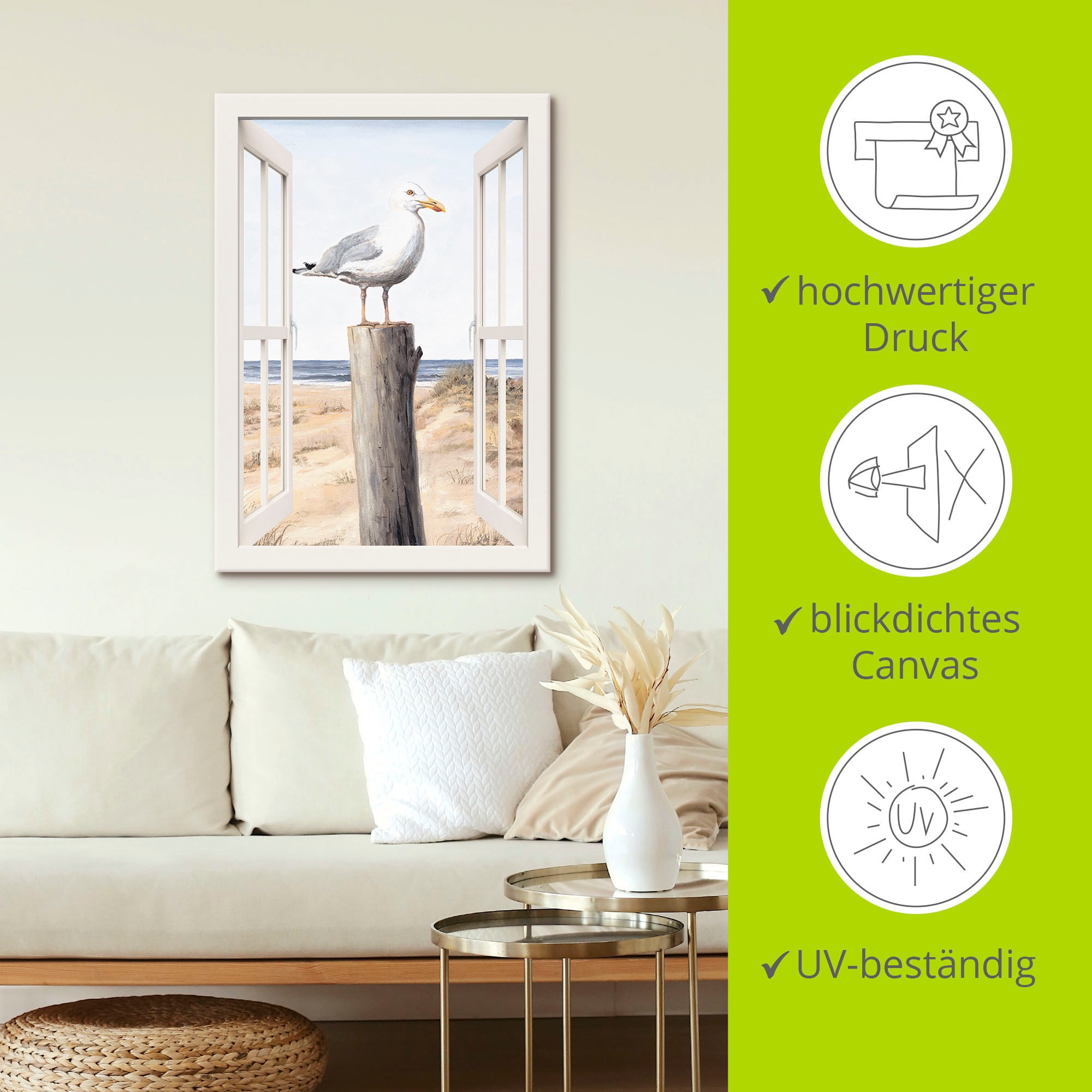 Artland Tableau sur toile »Möwe Fensterblick« 1 cuis tlg. auf Holzrahmen gespannt