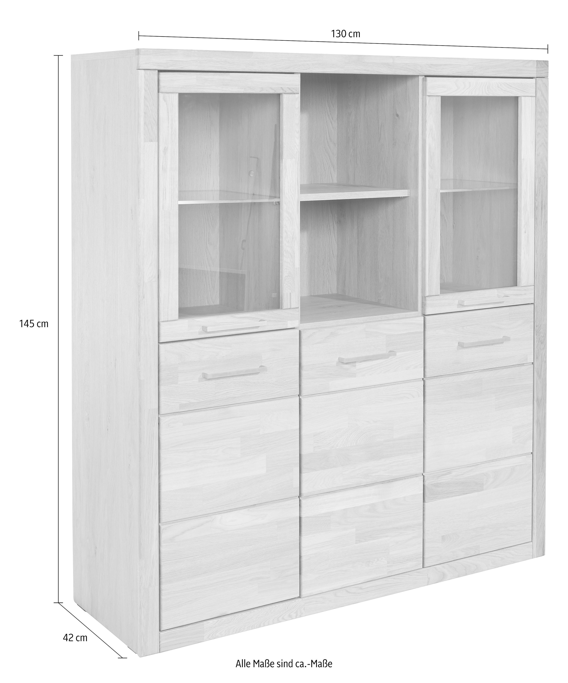 OTTO home Highboard "Trondheim,130cm breit,42 cm tief, Fronten Holzmassiv, Metallgriffe" Korpus aus Holzwerkstoff,4 Türen,12 Fächer, Böden teilweise versetzbar