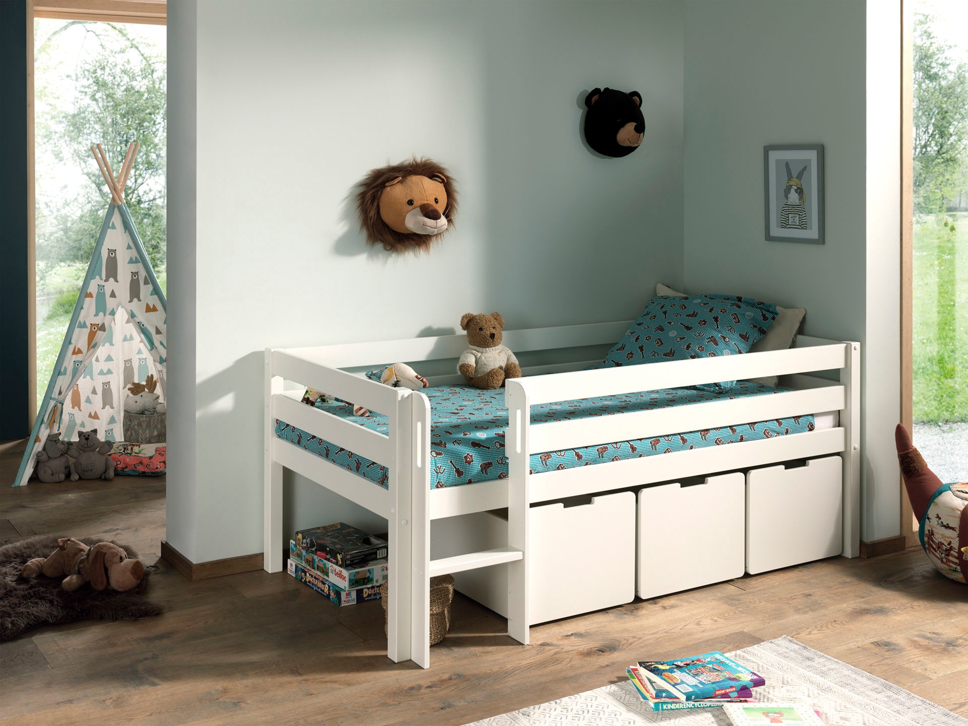 Vipack Spielbett »Pino, Kiefer massiv, mit Rolllattenrost, 3 Rollboxen, Made in Europe« B/H/T ca. 207,6x83x104,9cm, inkl. Leiter und Absturzschutz,  wahlweise mit oder ohne Hängeregal, 2 Farben zur Auswahl
