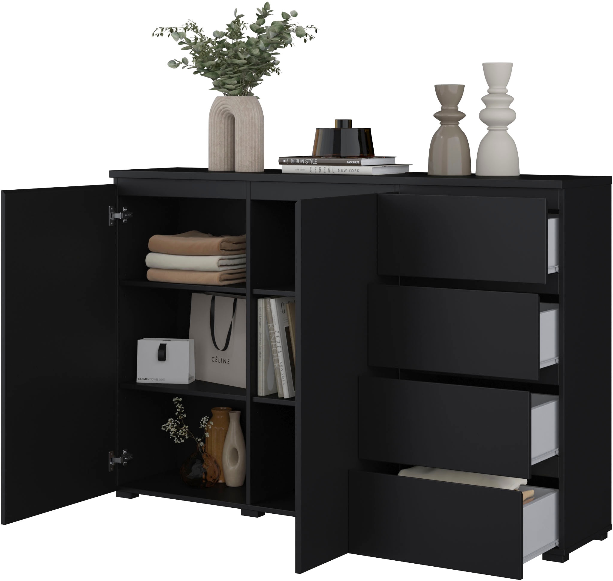 GOODproduct Highboard »Modo, Breite 150 cm, moderne grifflose Kommode 2Türen/4 SK« Schubladenkommode mit viel Stauraum, Einlegeböden verstellbar