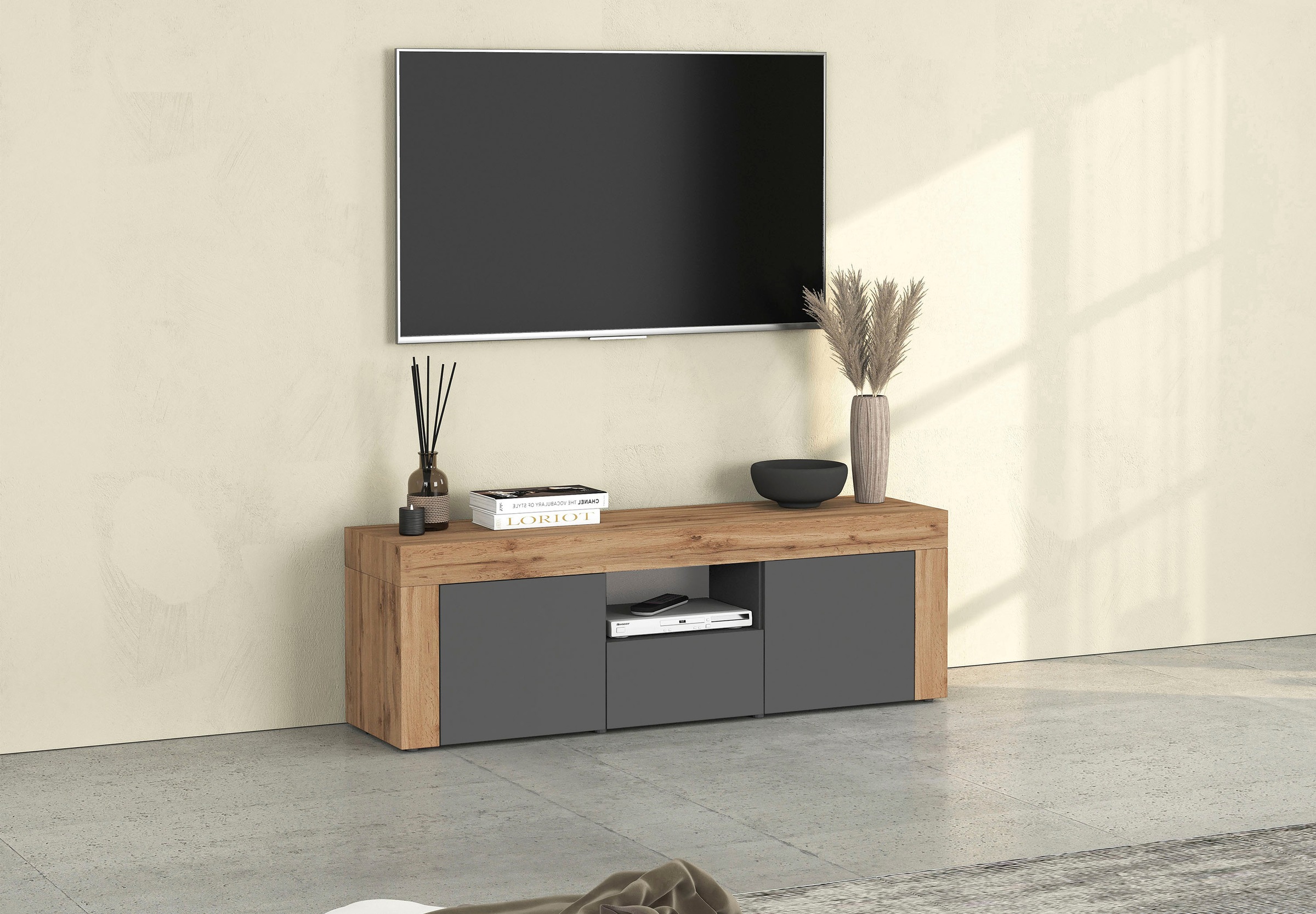 Image of GOODproduct Lowboard "CHRONOS Breite 155 cm mit 2 Türen, 1 Schublade,1 offenes Fach" 1 Stk. tlg. TV-Board, Sideboard niedrig, Grifflos mit Push to Open Made in Italy