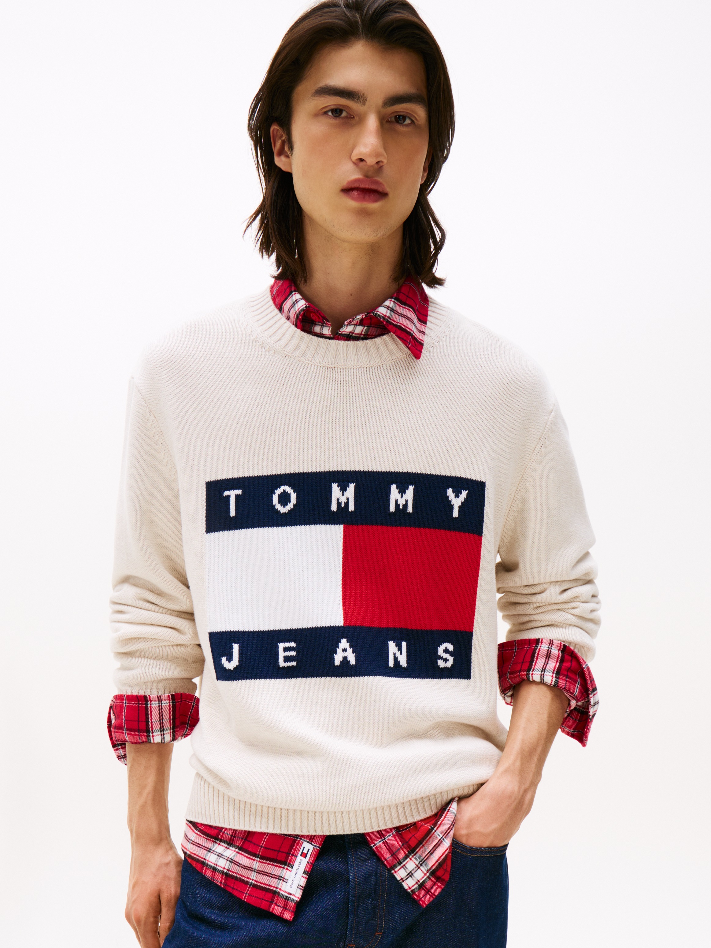 Tommy Jeans Strickpullover »TJM MELANGE FLAG SWEATER«, Regular Fit, Rundhals Retro Flag Classic