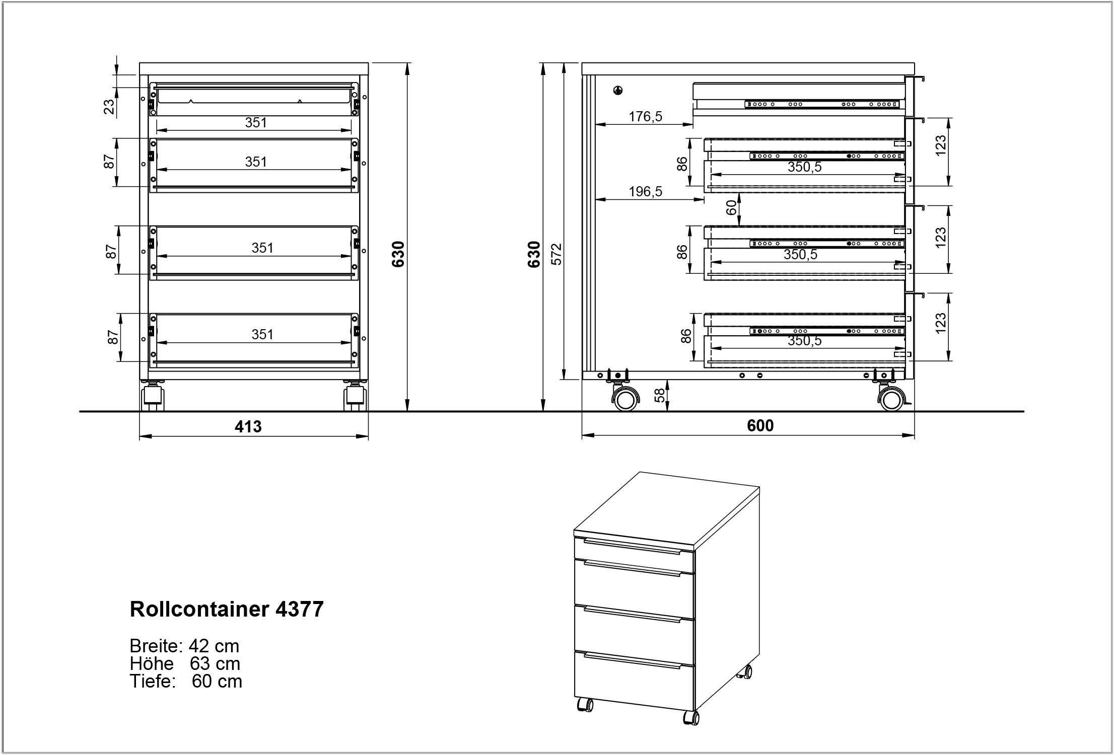 GERMANIA Rollcontainer »Mailand, mit 4 Schubladen, optional mit Schubladendämpfung,« Utensilienfach, 42x63 cm, Made in Germany