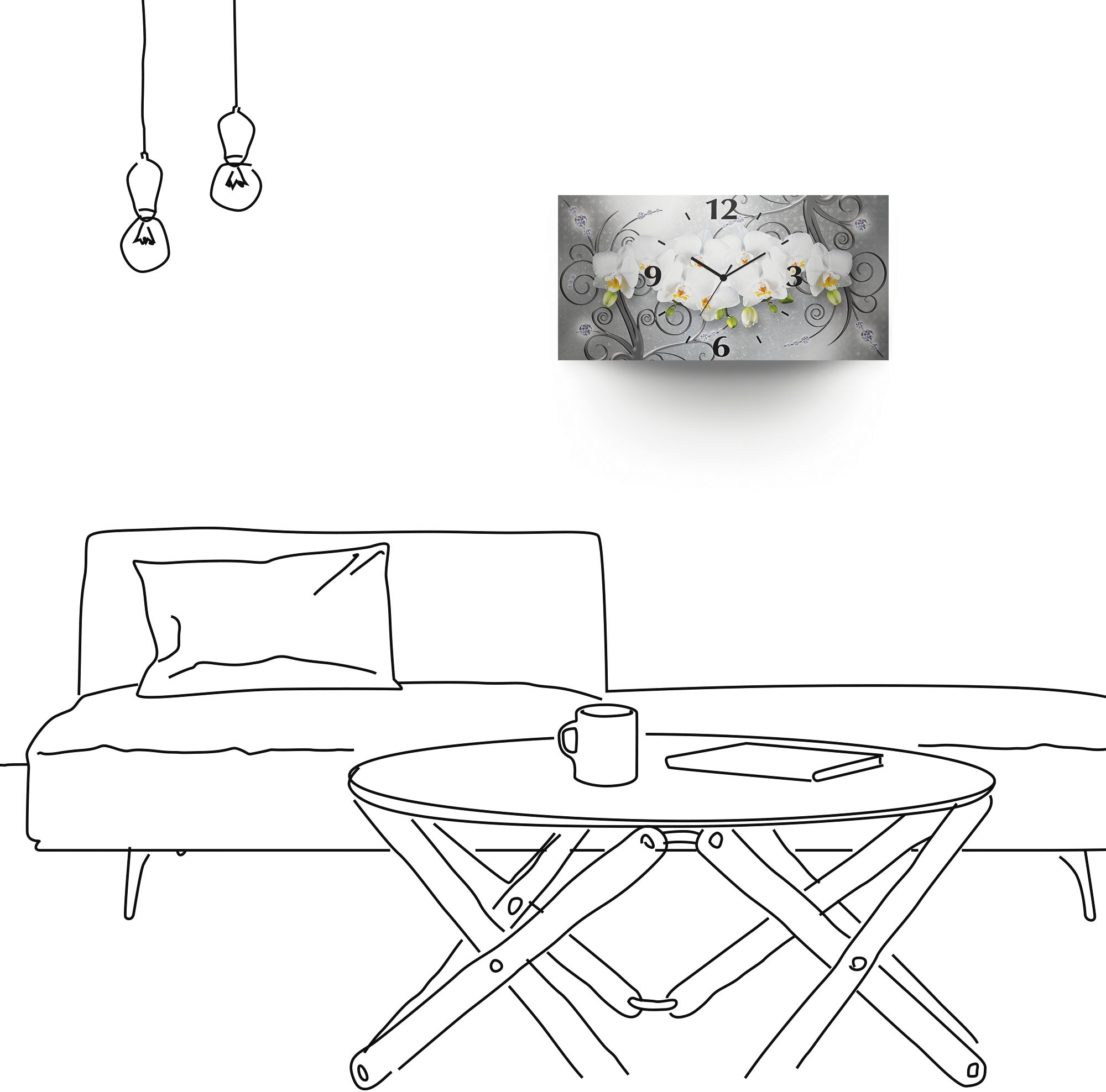 Artland Wanduhr »weisse Orchideen auf Ornamenten«, 3D Optik gebogen, mit Quarz- oder Funkuhrwerk, versch. Grössen