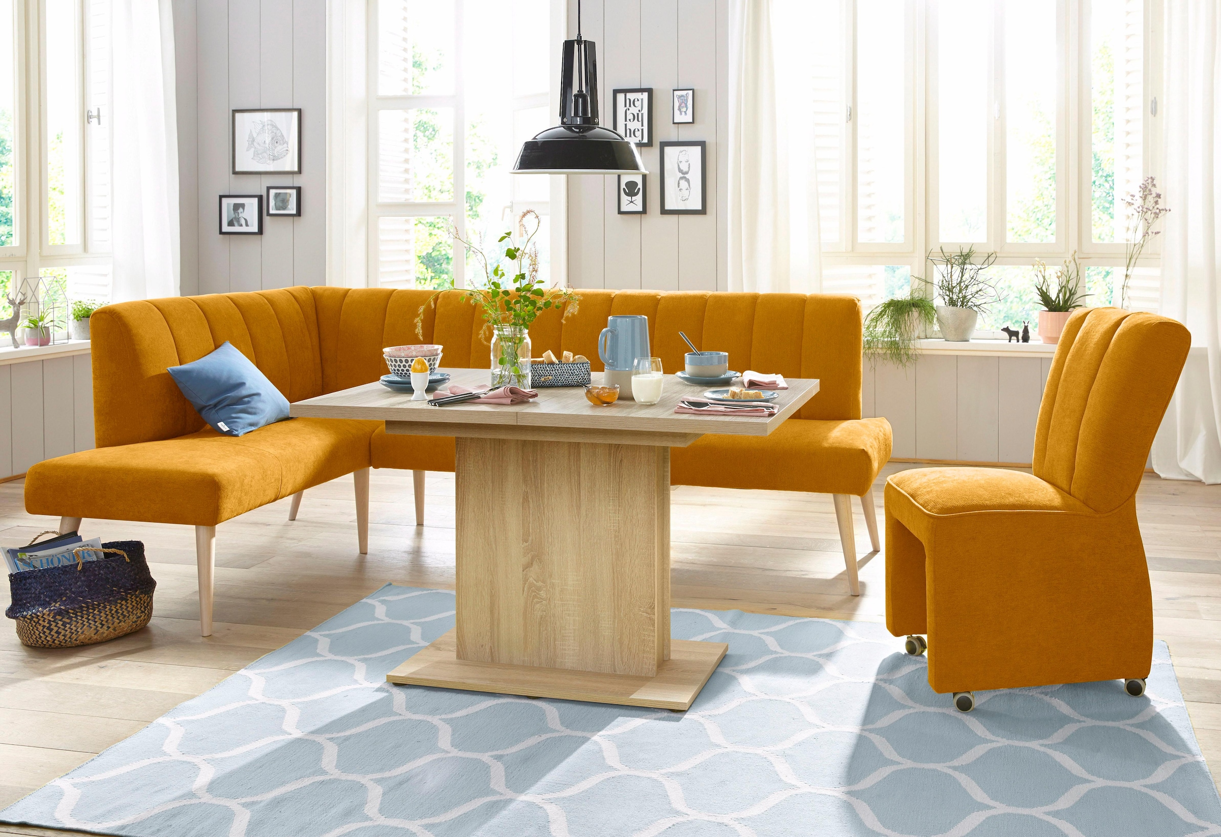 exxpo - sofa fashion Eckbank »Costa, moderne Rückensteppung, bequem und elegant, hoher Holzfuss«, hochwertig verarbeitet, Frei im Raum stellbar