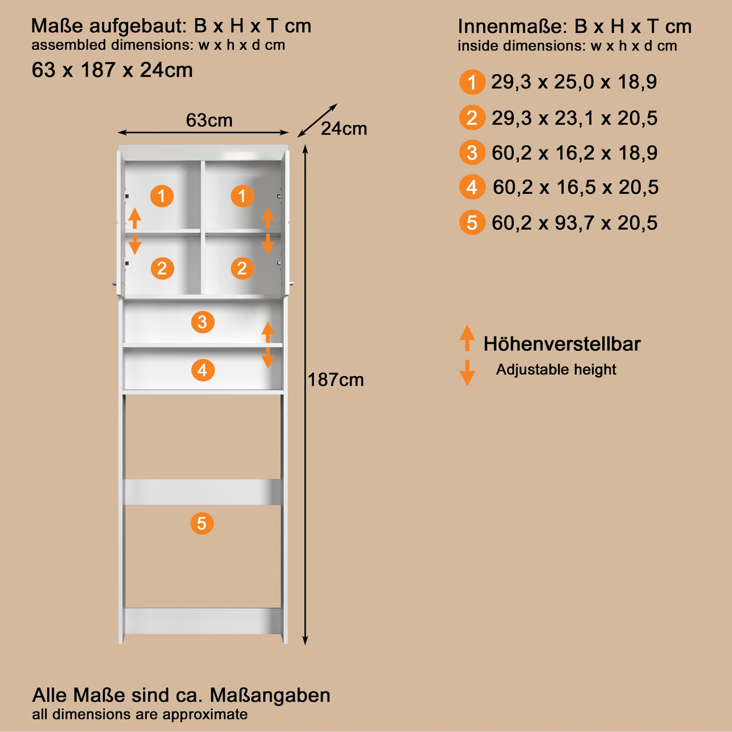 welltime Armoire pour machine à laver »Avena« Meuble sur lave-linge avec 2 compartiments - (L/P/H) 63/24/187 cm