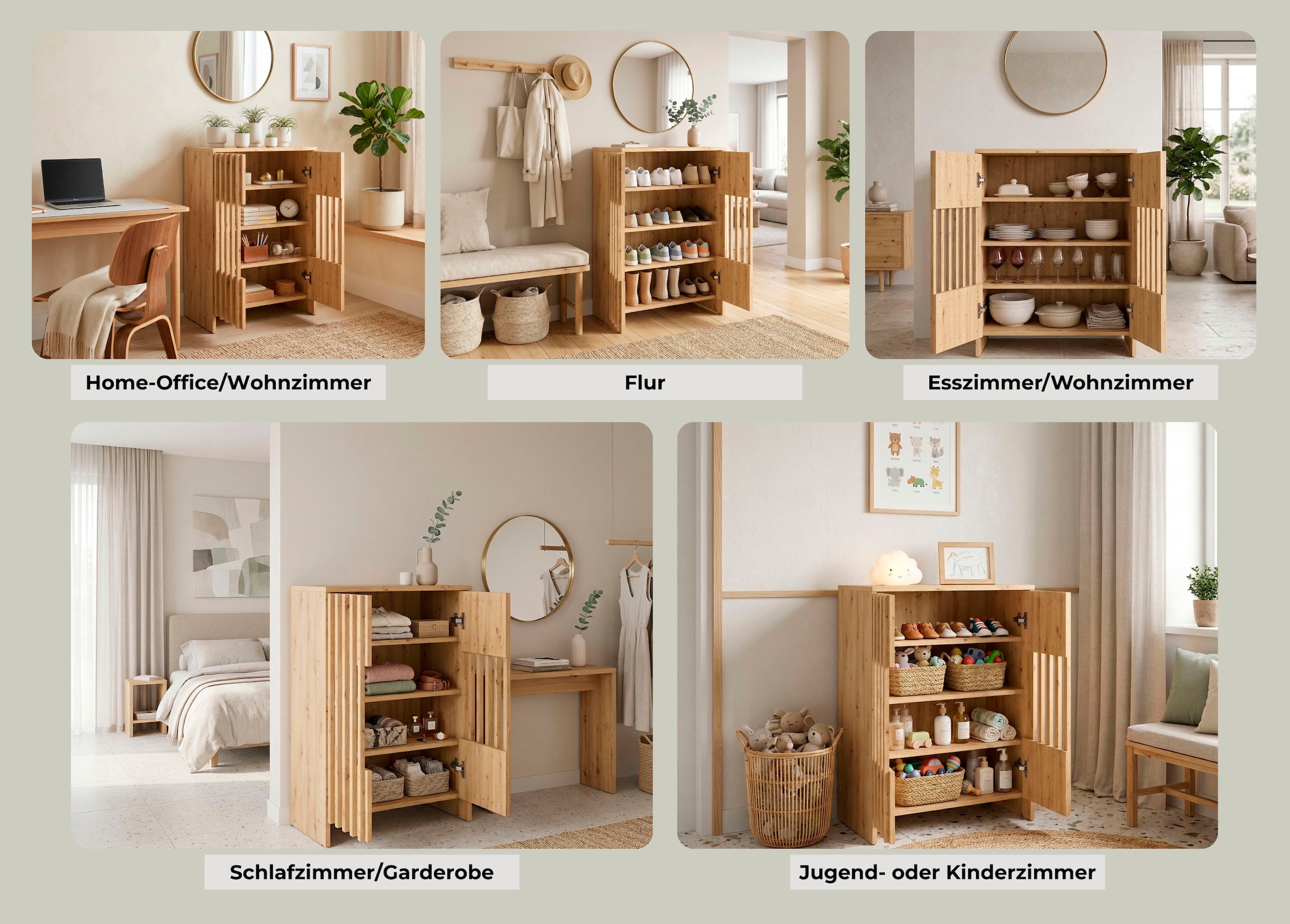 Home affaire Mehrzweckschrank »MURET, multifunktionale Kommode, 4 Fächer und 2 Türen, Lamellenfronten« Masse B/T/H: 60/35,4/87 cm,  Kommode mit viel Stauraum, Masse B/T/H: 60/35,4/87 cm