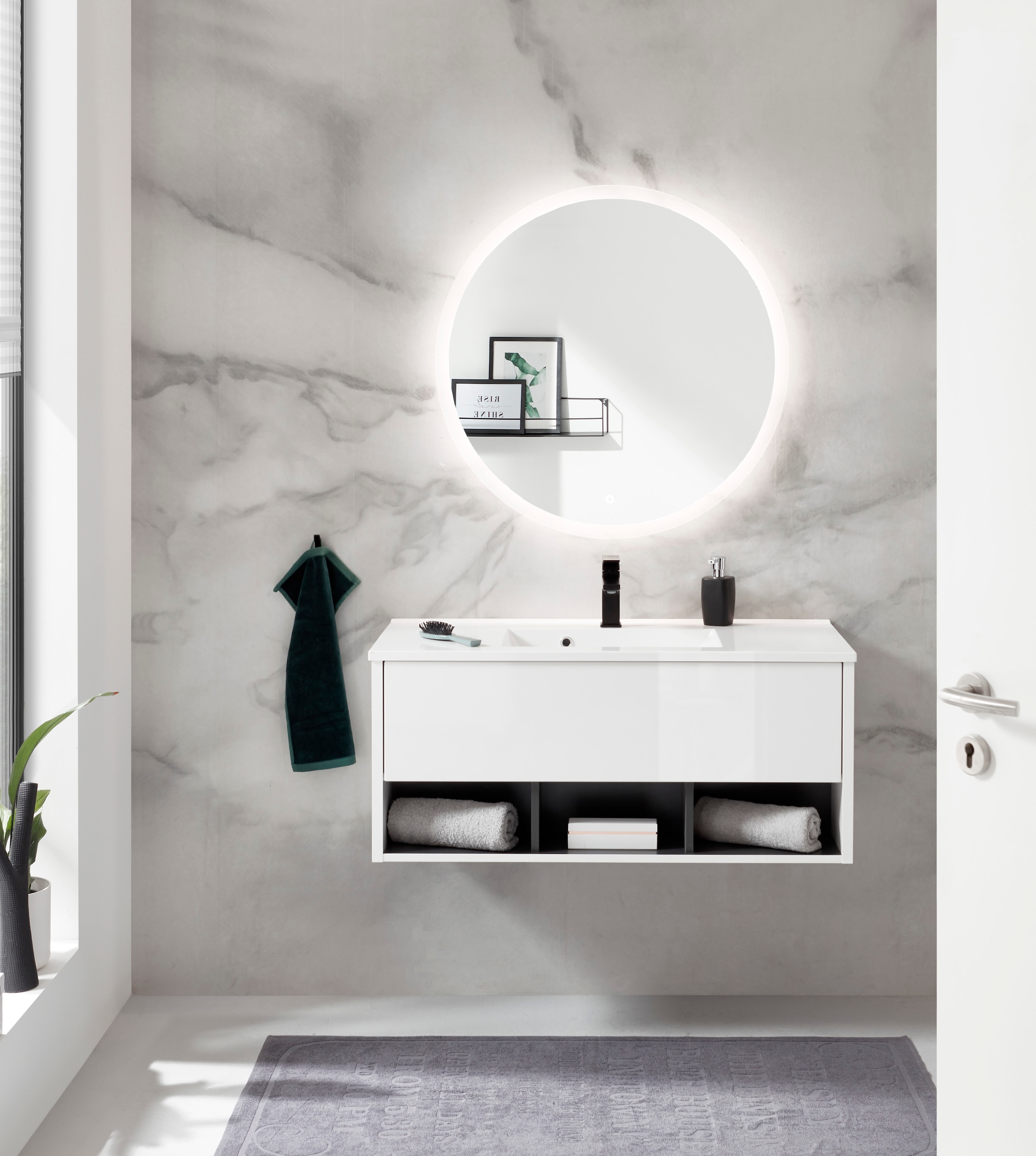 Places of Style Badmöbel-Set »Studio Line, Bad im modernen Design, 2-teiliges Badezimmer«, (2 St.), Waschtisch und Spiegel, in zwei Farben verfügbar, viel Stauraum