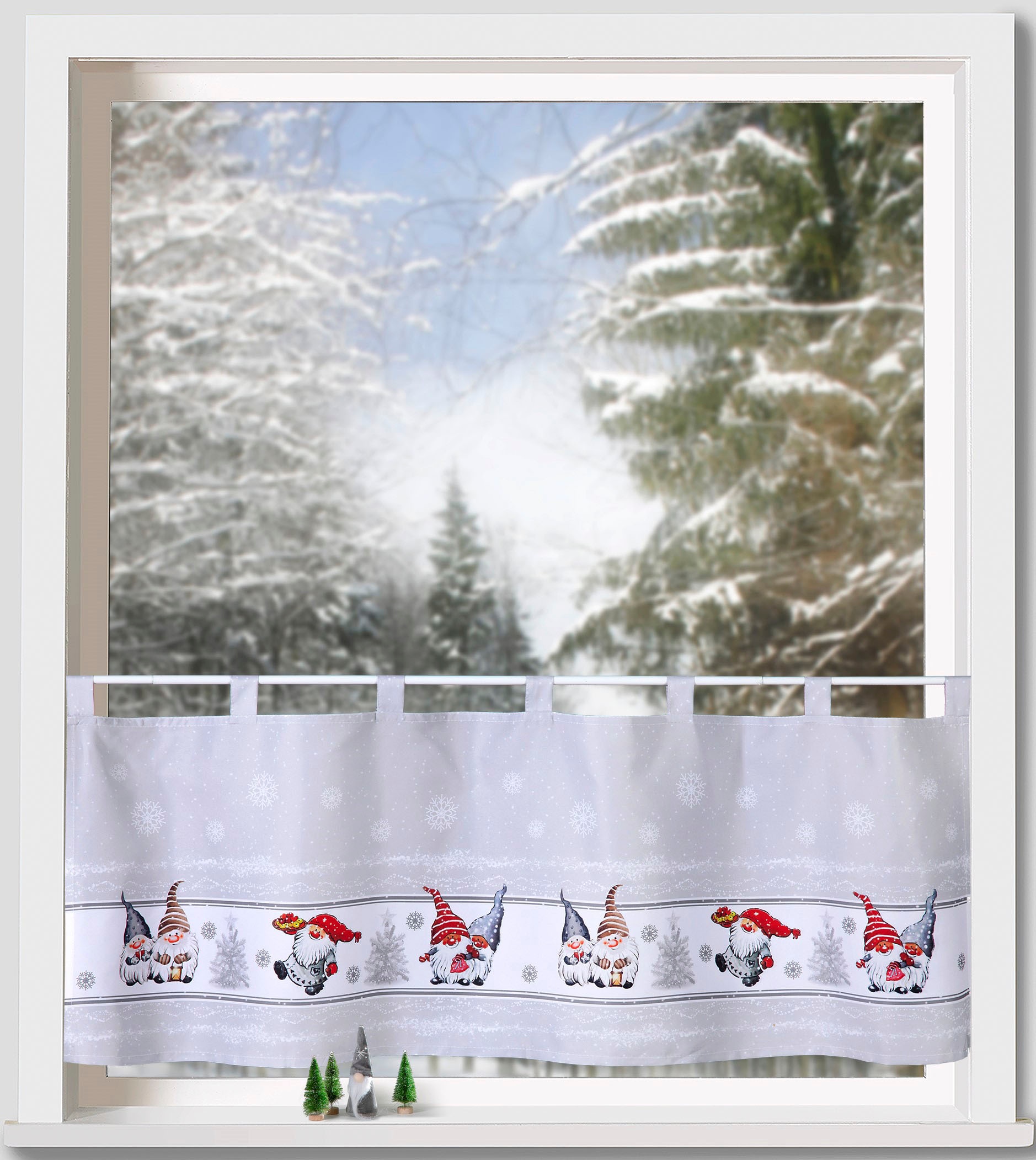 Image of Weckbrodt Scheibengardine "Wichtel im Schnee" Schlaufen 1 Stk. tlg. Bistro, Microsatin, Weihnachten, HxB 45x120cm, Gardine, Store