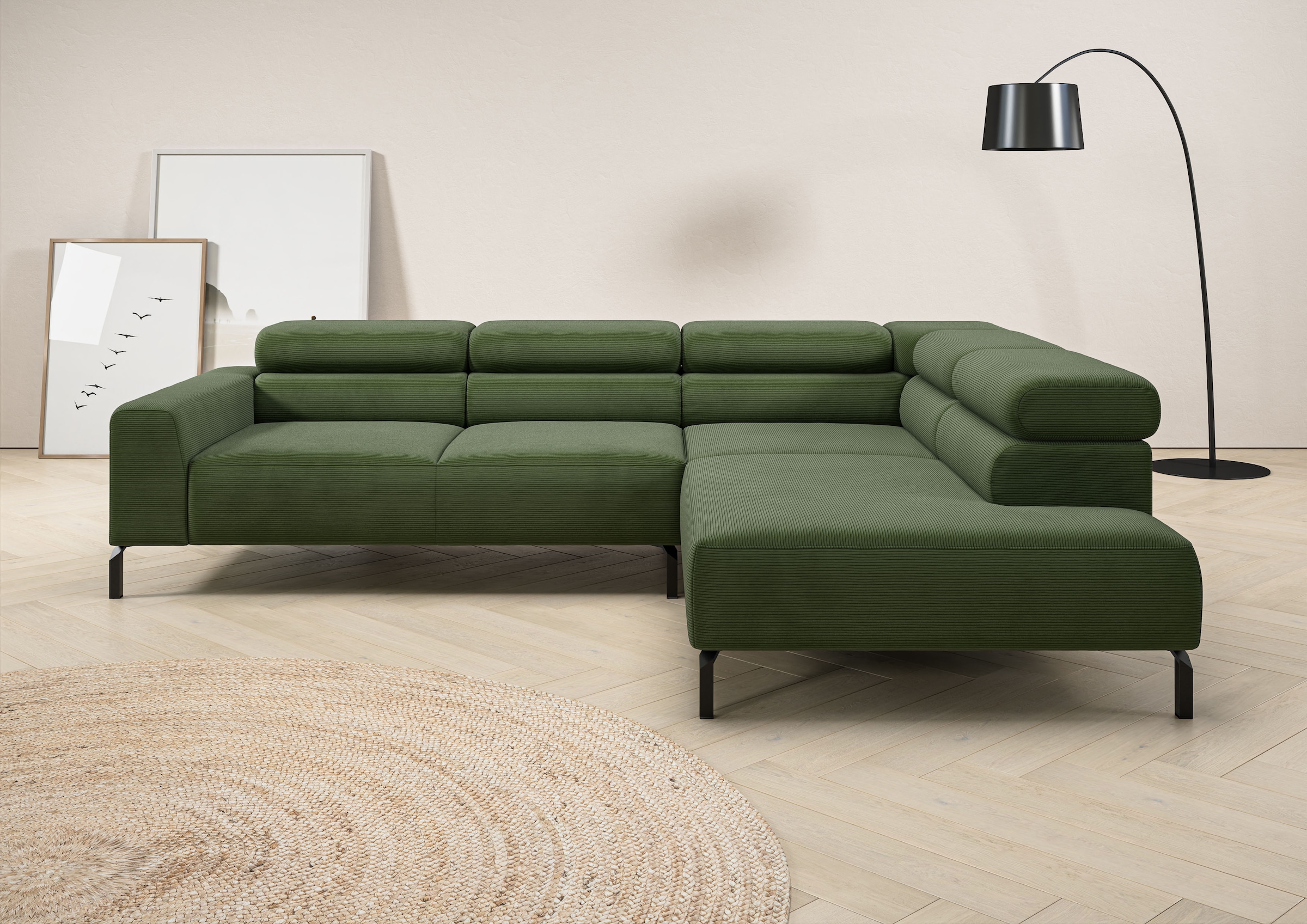Image of Home affaire Ecksofa "Antonelli, L-Form, inkl. Kopfteilverstellung, Breite 276 cm, bequem" ohne Sitztiefenverstellung, in Feincord, oliv