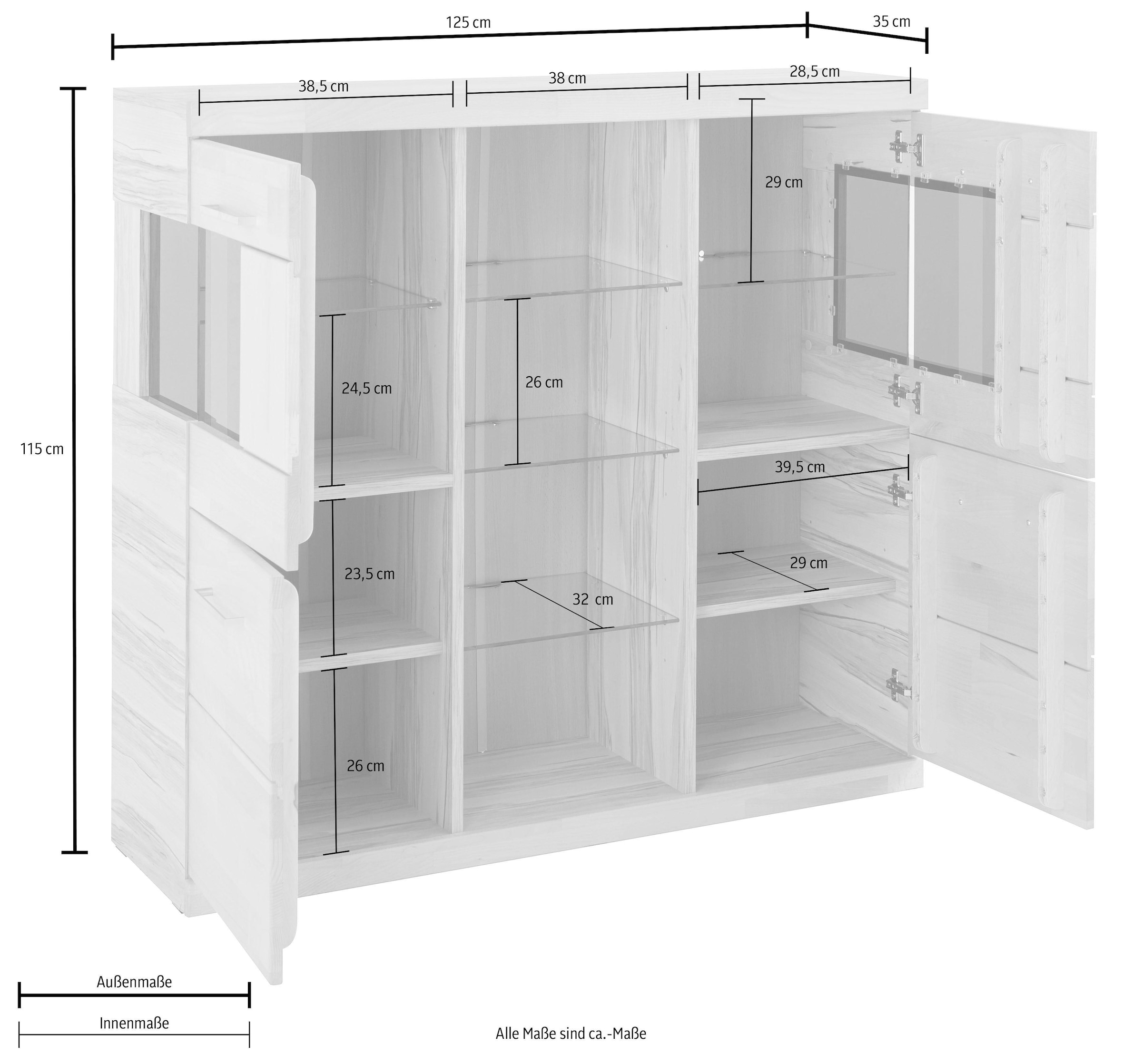 Home affaire Highboard »Ribe,120cm breit,112cm hoch,12 Fächer«, Oberplatte Massivholz,schwarze Metall Griffe,2 Türen mit Glaseinsatz