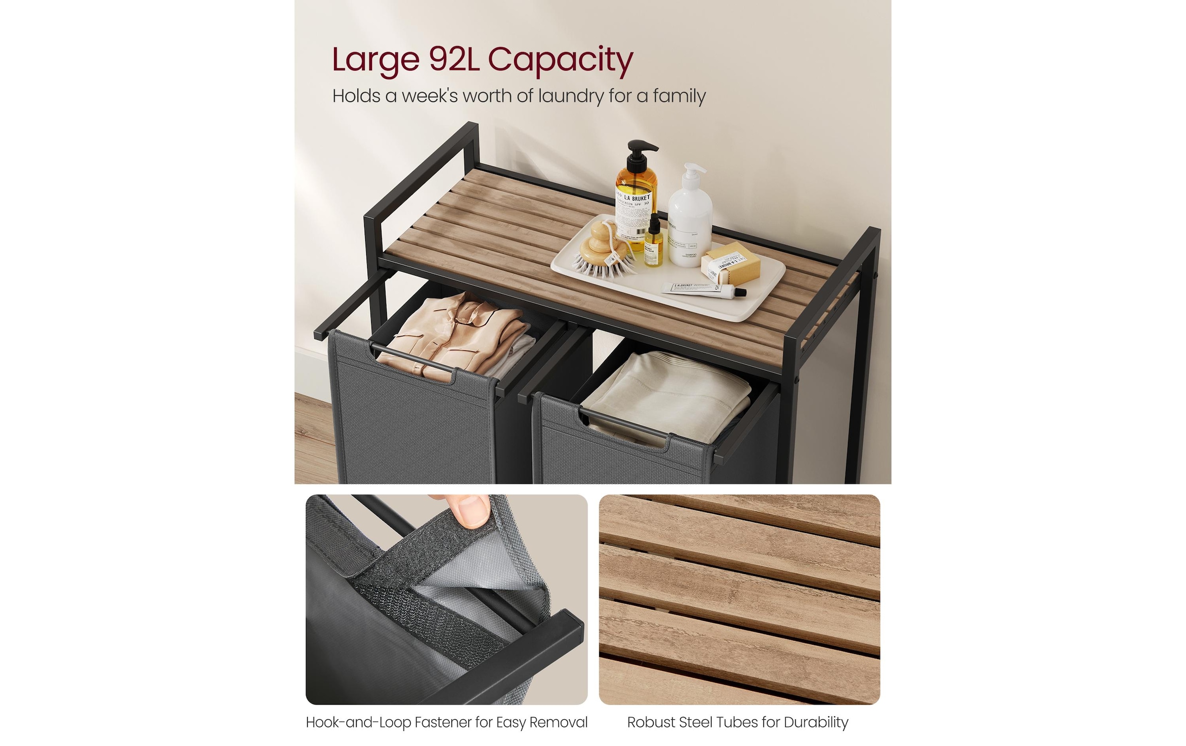 VASAGLE Panier à linge »mit 2 Ablagen 92 l, Grey«