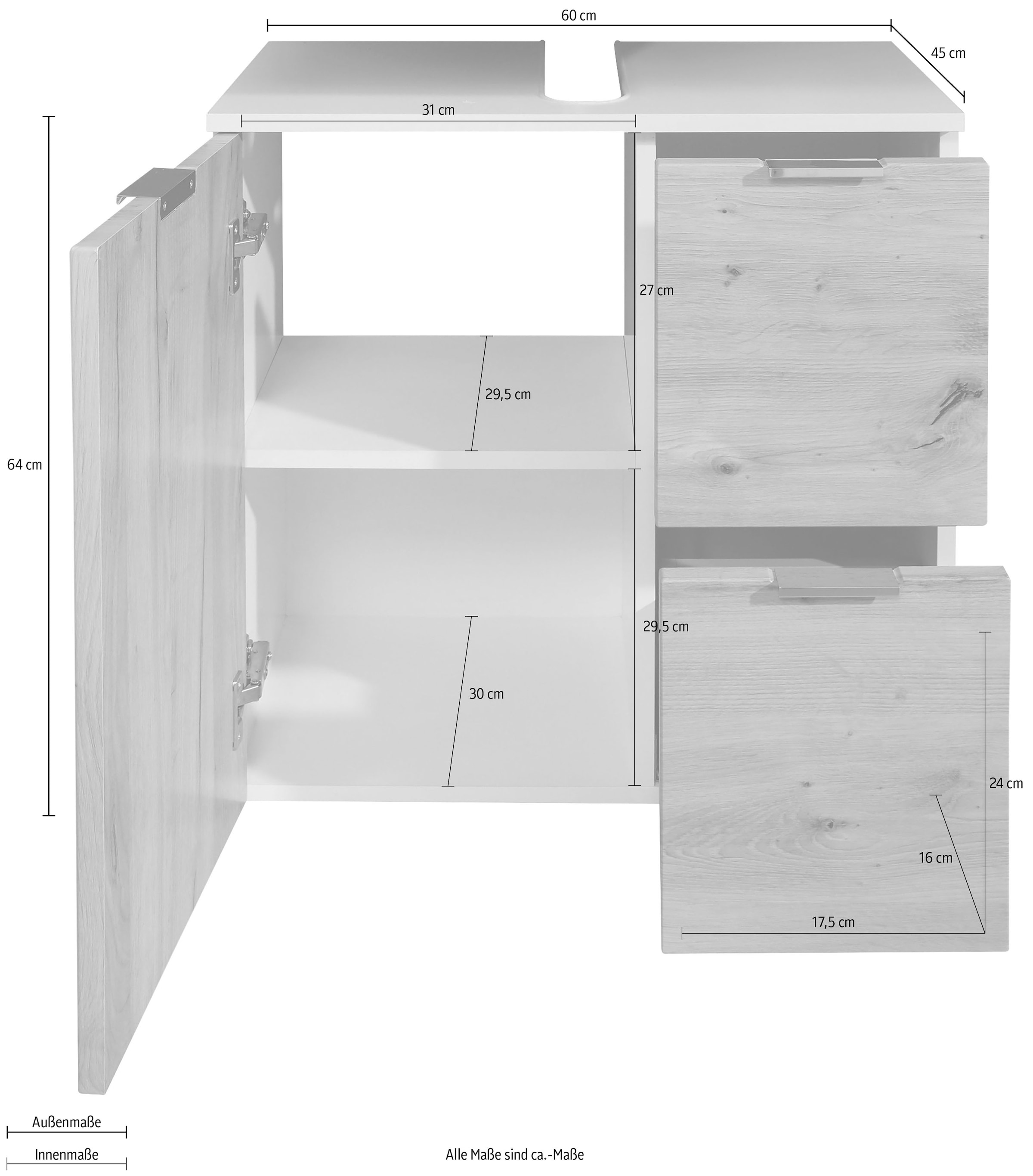 trendteam Waschbeckenunterschrank »Concept One«, Waschtisch mit 2 Fächern und 2 Schubladen in Weiss/Echtholzoptik