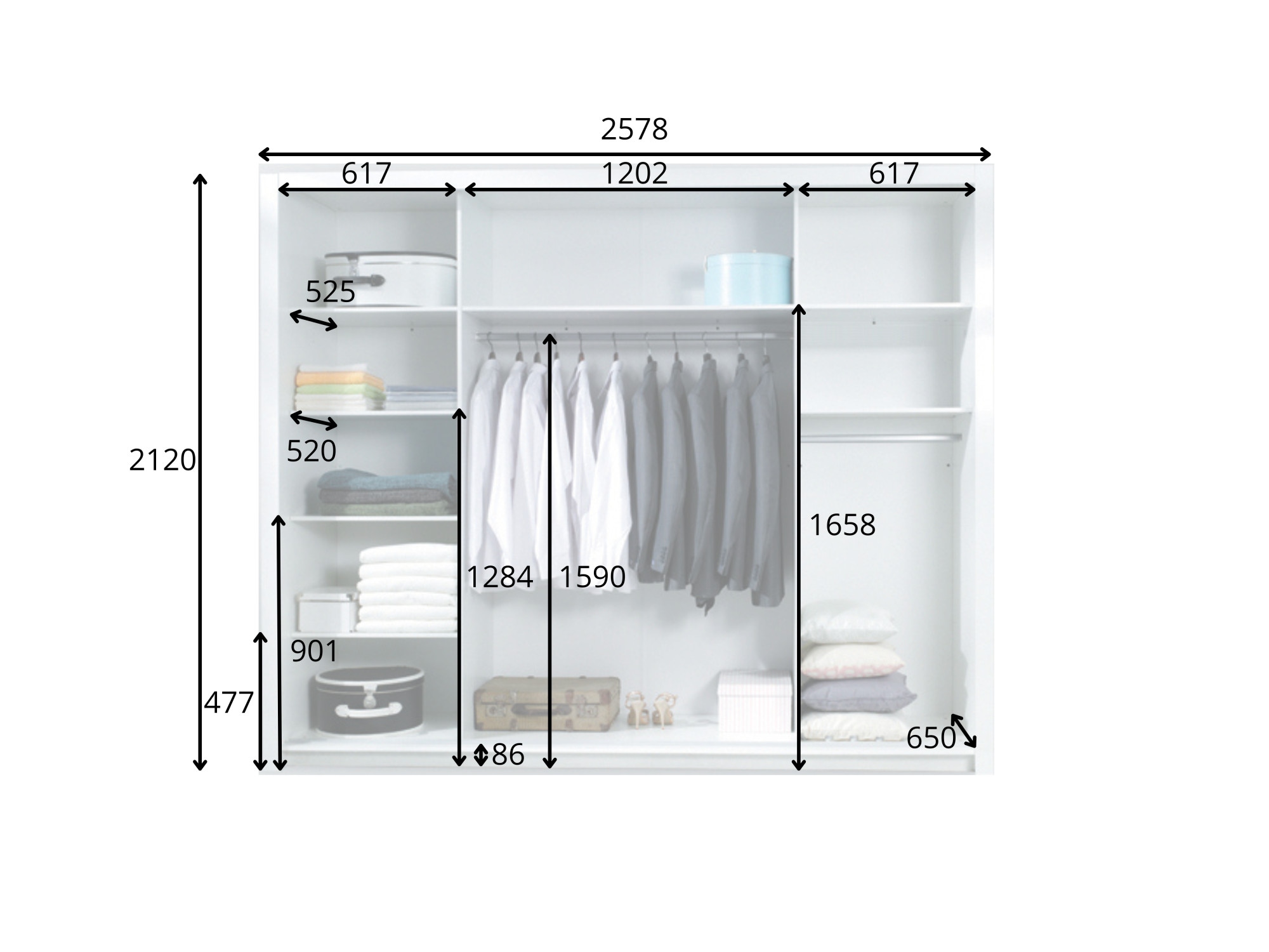 Home affaire Kleiderschrank »LANDERY Garderobe mit Spiegel, 8 Fächer, 2 Kleiderstangen, Beleuchtung« Schiebetürenschrank mit 3 Türen, Masse B/T/H: 252/67/213cm