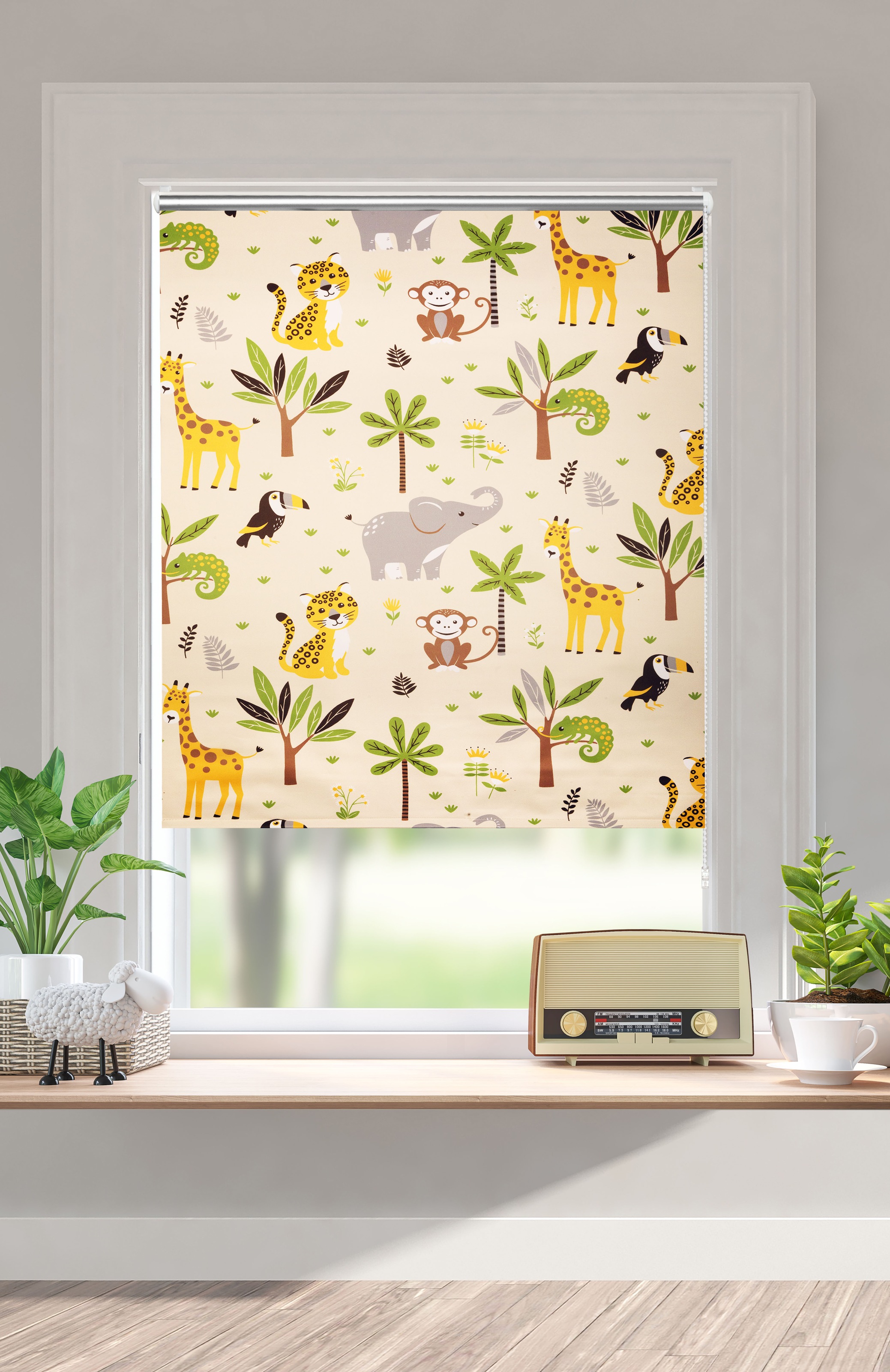 Image of GOODproduct Rollo "Jungle" Lichtschutz Sichtschutz ohne Bohren freihängend Klemmfix, Fixmass, Tiere, Kinderrollo, einseitig bedruckt