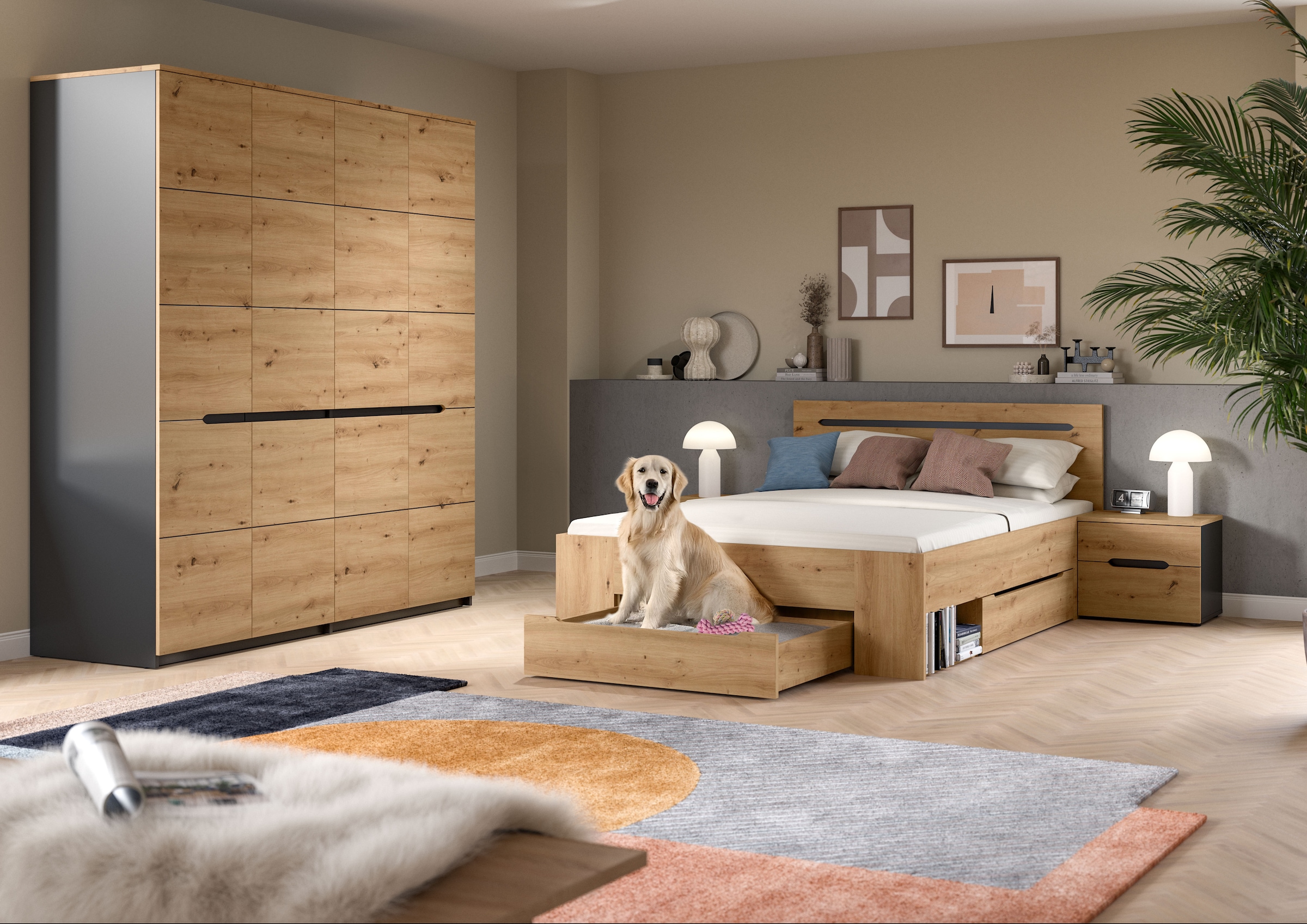 Home affaire Schlafzimmer-Set »REHAT, 4-teilig, best. aus: Bett, Kleiderschrank & 2x Nachtkommode« TOPSELLER!, für Matratzengrösse 140x200 cm, viel Stauraum, 