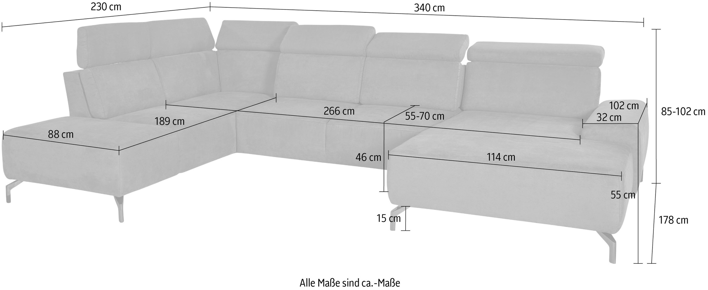 sit&more Wohnlandschaft »Gizeh U-Form«, 15 cm Fusshöhe, inklusive Sitztiefenverstellung und Kopfteilverstellung