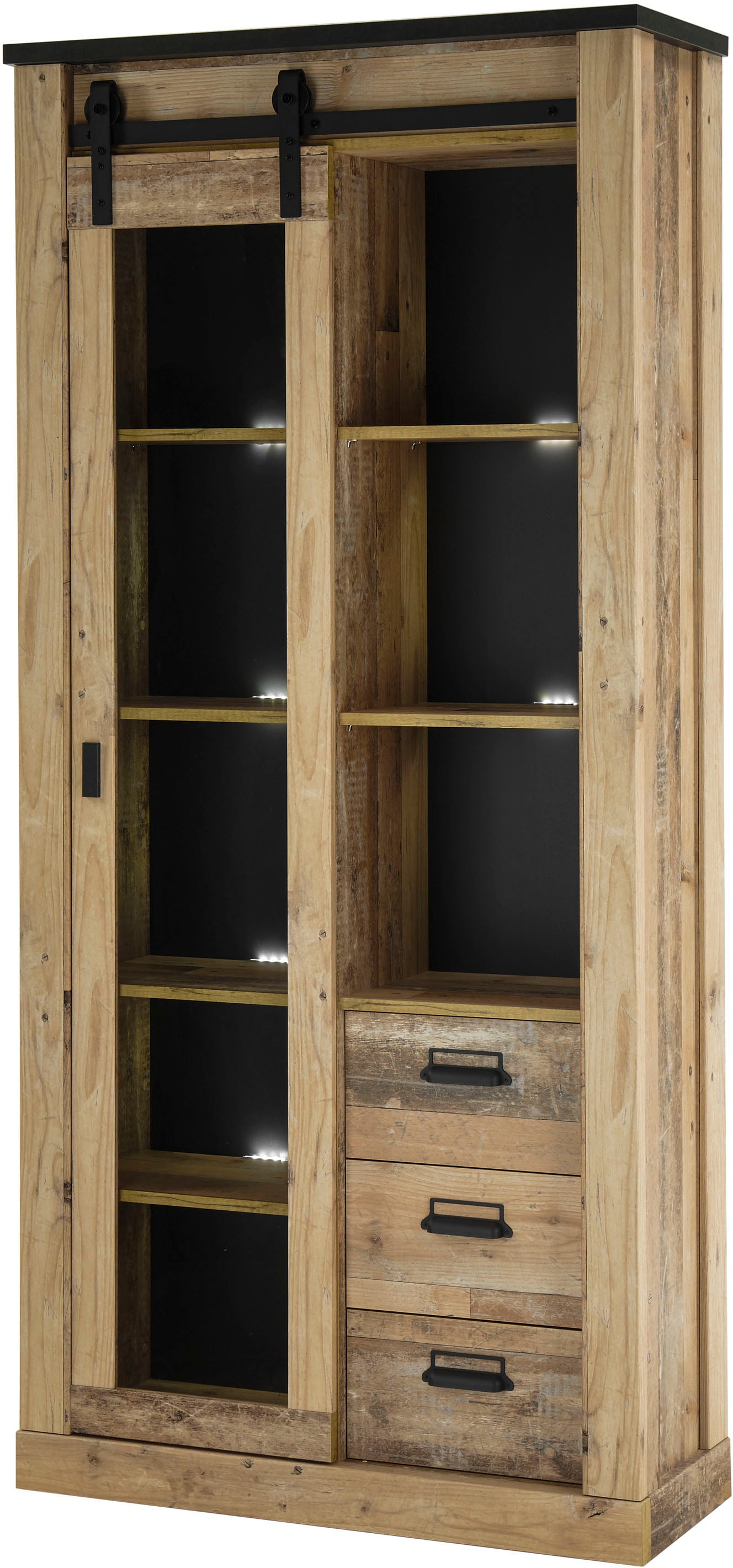 Image of Home affaire Vitrine "Sherwood, Hochschrank im Industrial-Style, moderne Glasvitrine" Scheunentorbeschlag und Apothekergriffe aus Metall, Höhe 201 cm