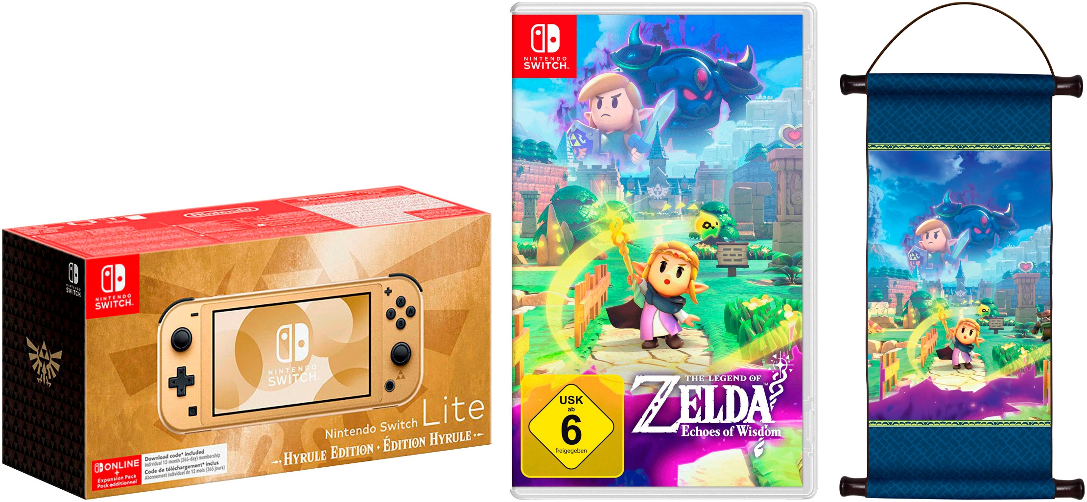 Image of Nintendo Switch Konsolen-Set "Lite – Hyrule-Edition + Zelda: Echoes of Wisdom + Zelda-Schriftrolle" 32 GB
