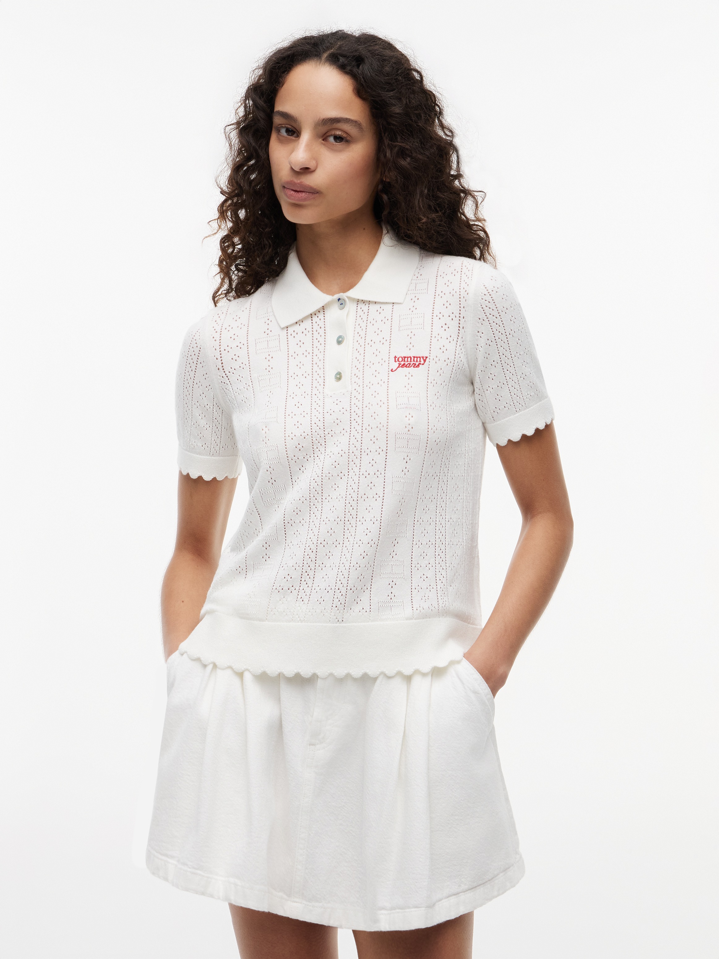 Image of Tommy Jeans Kurzarmpullover "TJW POINTELLE POLO SWEATER" Viskosemischung, Pointelle Strickmuster, gewellte Säume