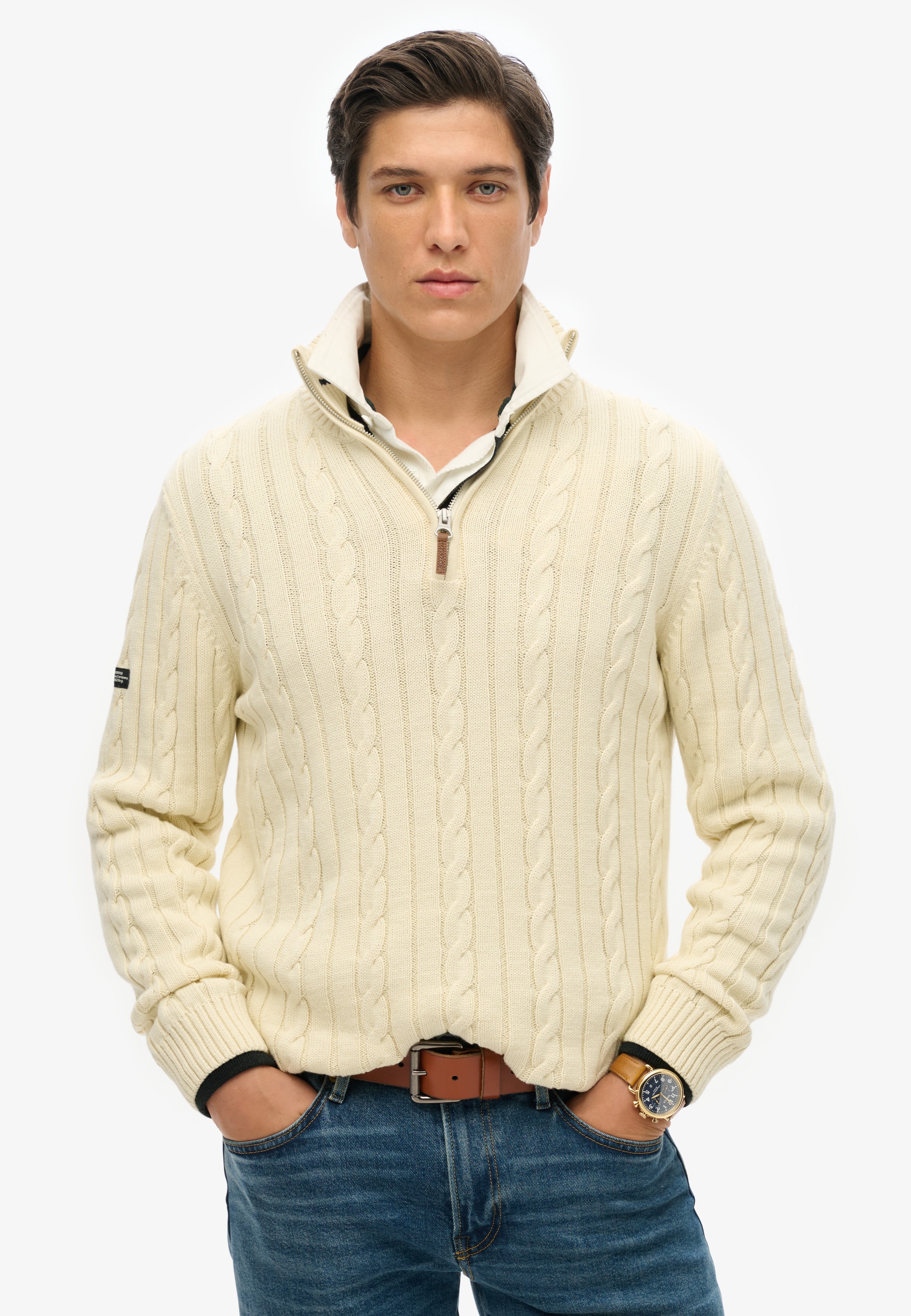 Image of Superdry Troyer "PREPPY COTTON CABLE HALF ZIP" Baumwolle, slim fit