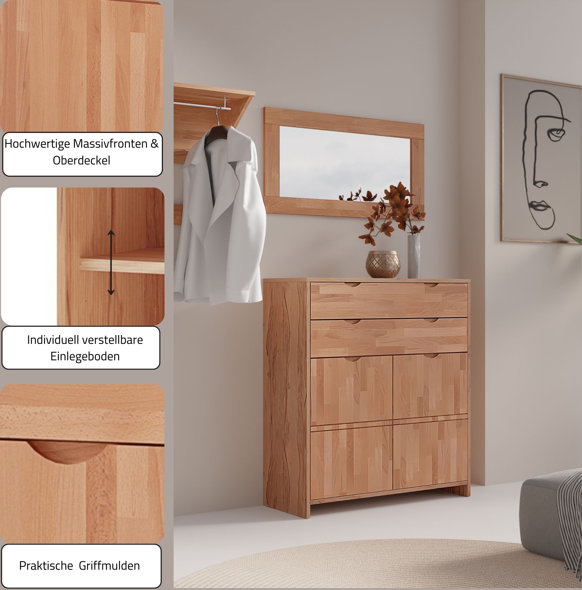 GOODproduct Buffet haut »Maximus: 3 geräumige Fächer, 2 Softclose Schubladen,Hochwertig,Zeitlos« B/T/H: 96/38/107cm, Massivzholz Fronten&Oberdeckel, Korpus aus Melamin