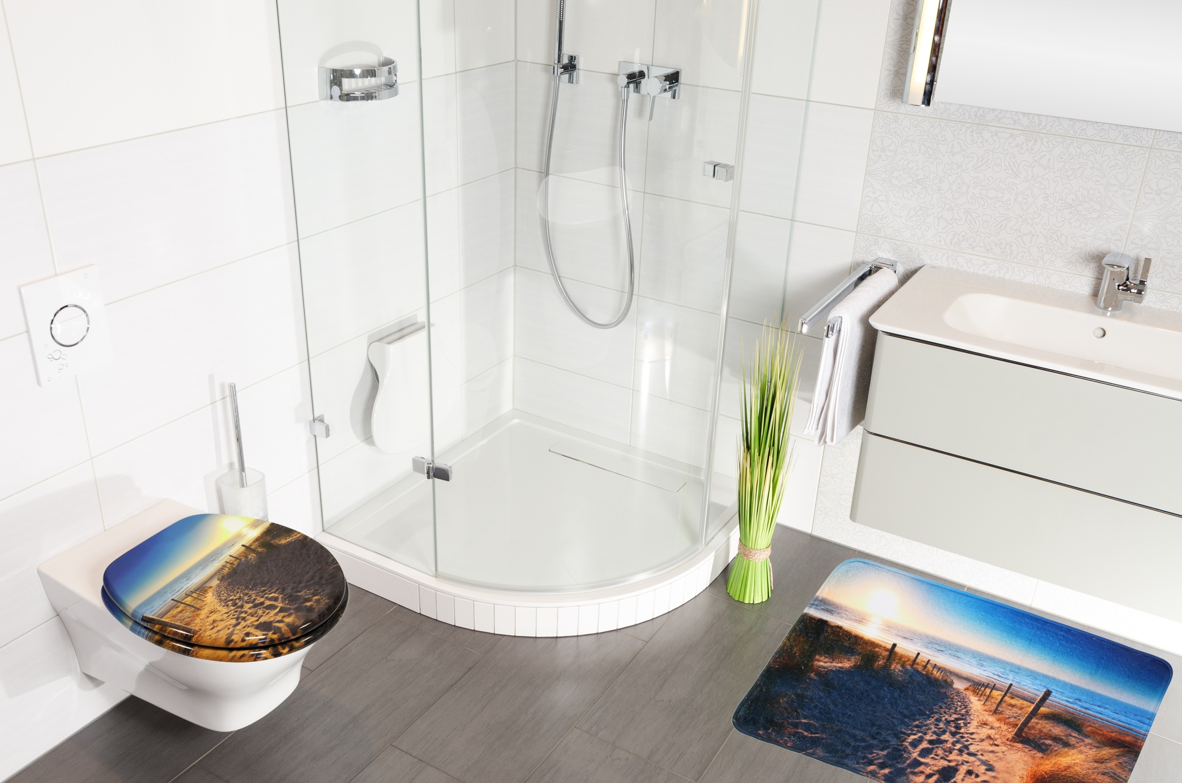 Sanilo Set d'accessoires de salle de bain »Düne« WC-Sitz, Badteppich, Stöpsel, Seifenspender und WC-Bürste