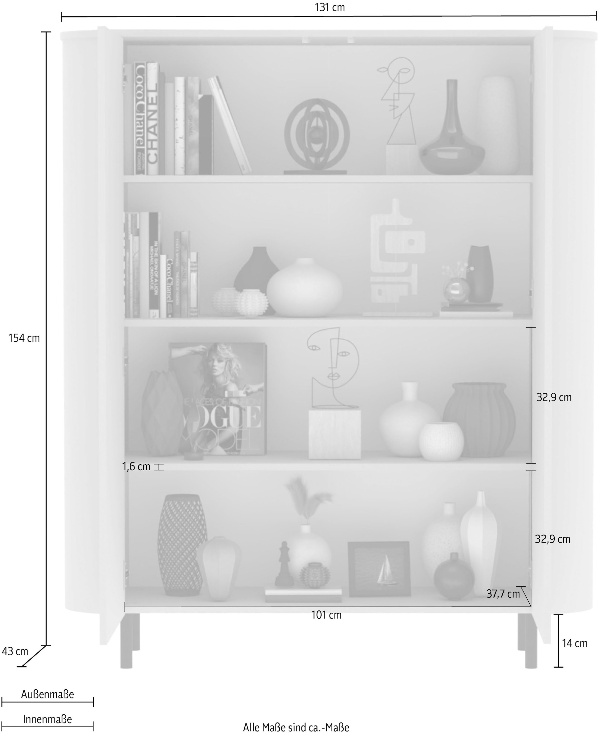 GOODproduct Highboard »Lido, B/H 131/154 cm, 2 Türen, Stauraumschrank, Hochkommode« Formgebogenes MDF, Stirnseiten mit Rundung, Push-to-open, Metallfüsse
