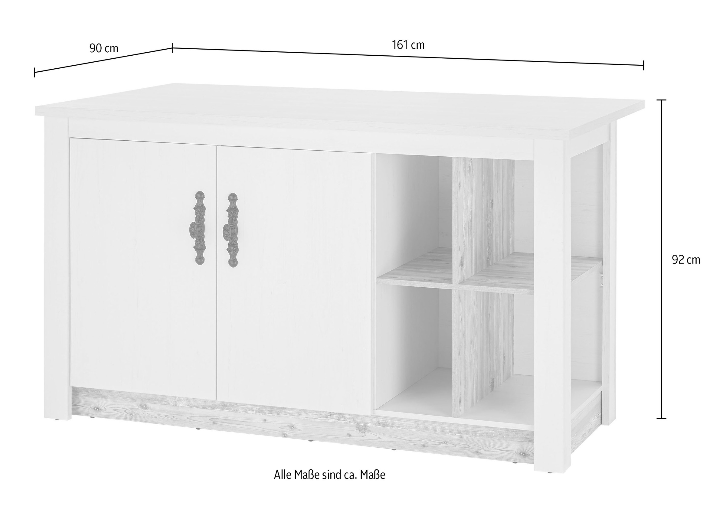 Home affaire Kücheninsel »Florenz, Küchenblock in Pinie Weiss, Kochinsel, Küchenarbeitsblock« Breite 161 cm, mit verschnörkeltem Metallgriff, Arbeitshöhe 92 cm