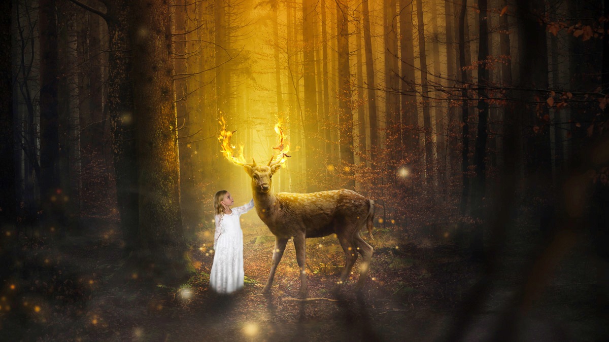 Image of Papermoon Fototapete »Mädchen Hirsch Buck Liebe Hoffnung«, Vliestapete, hochwertiger Digitaldruck, inklusive Kleister bei Ackermann Versand Schweiz