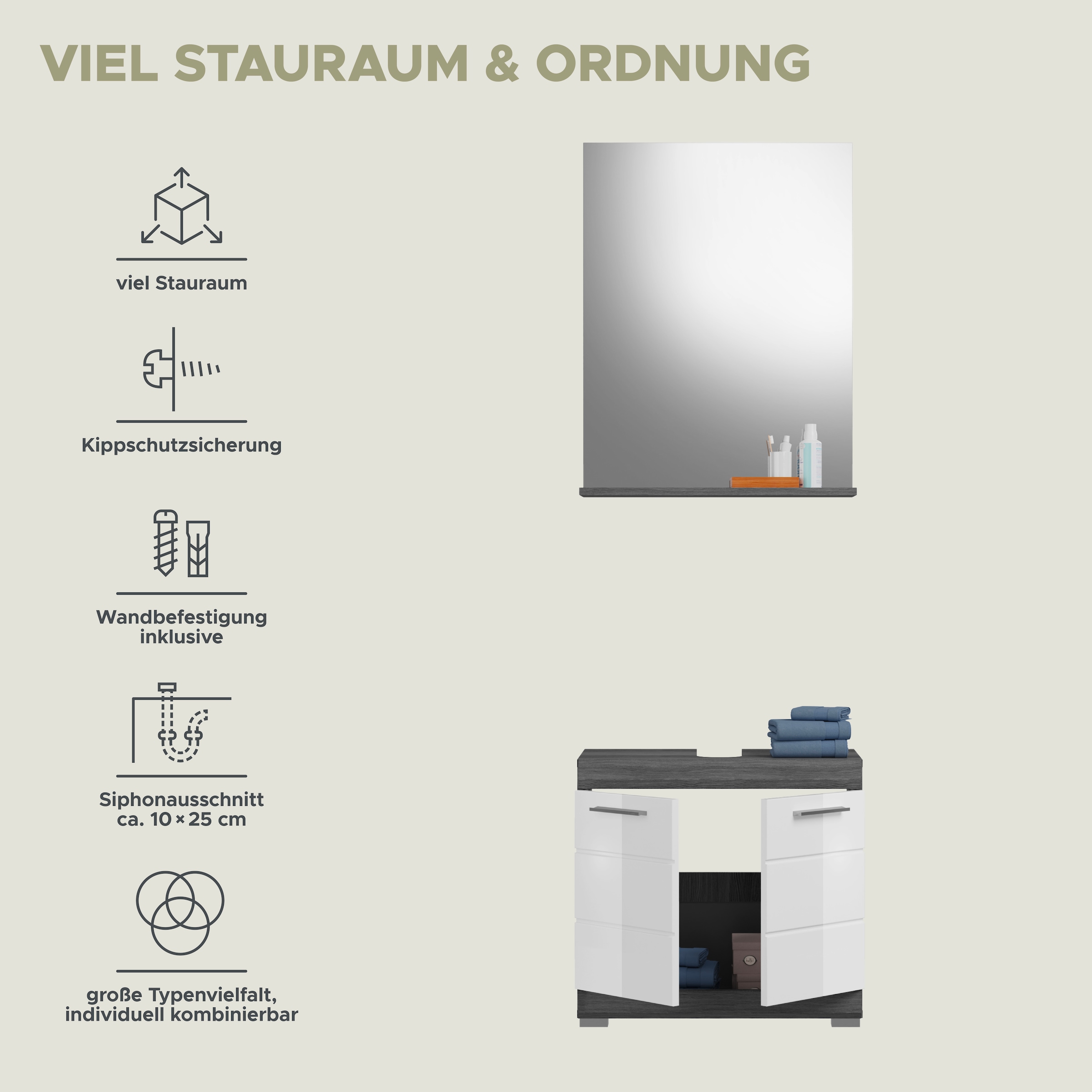 INOSIGN Badmöbel-Set »Siena, 2 teilig, bestehend aus: Waschbeckenunterschrank, Spiegel«, (Set, 2 St.), in verschiedenen Farben erhältlich, Badmöbel, Kombination, Badezimmer