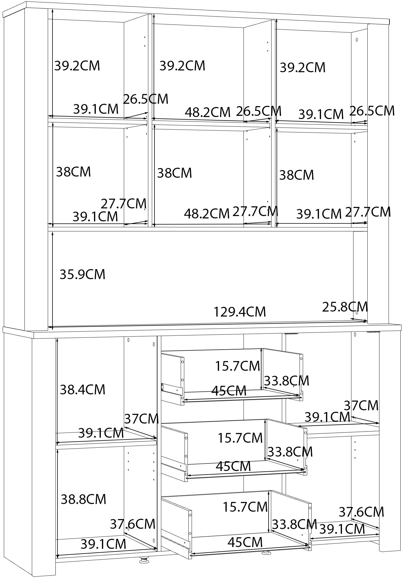 FORTE Buffet »Bohol, grosses Highboard,4Türen, 1 Glastüre, 3 Schubkästen« L/H/P 146,1/205,4/42 cm, beaucoup d'espace de rangement