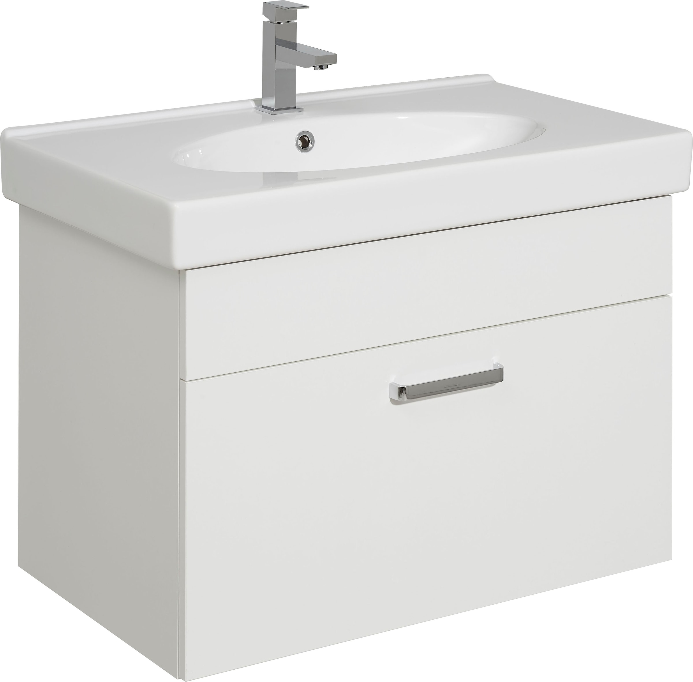 Image of Saphir Waschtisch "Quickset Keramikwaschtisch mit Unterschrank, 80 cm breit, Badmöbel" Waschplatz mit 1 Schublade, inkl. Türdämpfer, Griffe Chrom Glanz