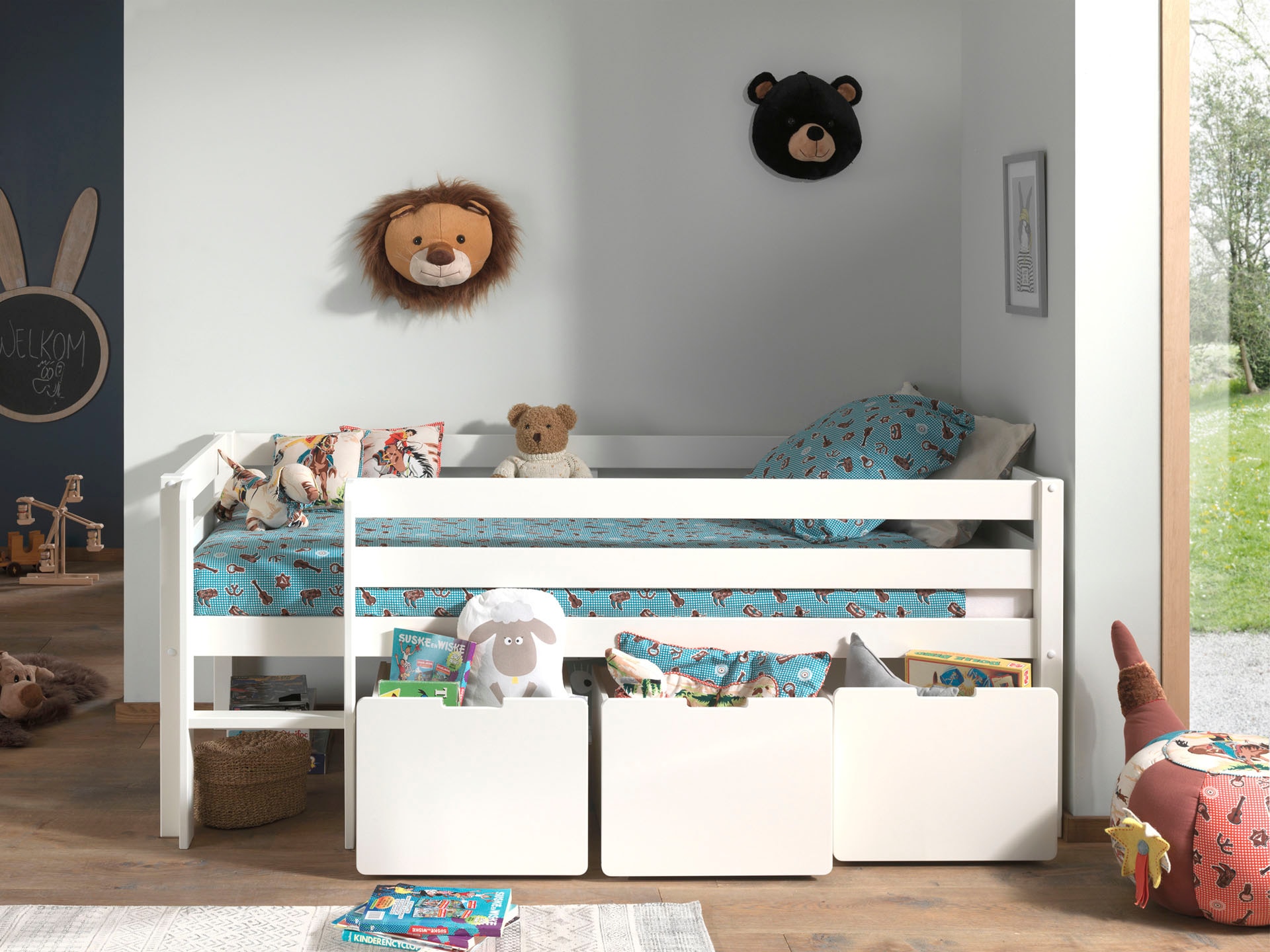 Vipack Spielbett »Pino, Kiefer massiv, mit Rolllattenrost, 3 Rollboxen, Made in Europe« B/H/T ca. 207,6x83x104,9cm, inkl. Leiter und Absturzschutz,  wahlweise mit oder ohne Hängeregal, 2 Farben zur Auswahl