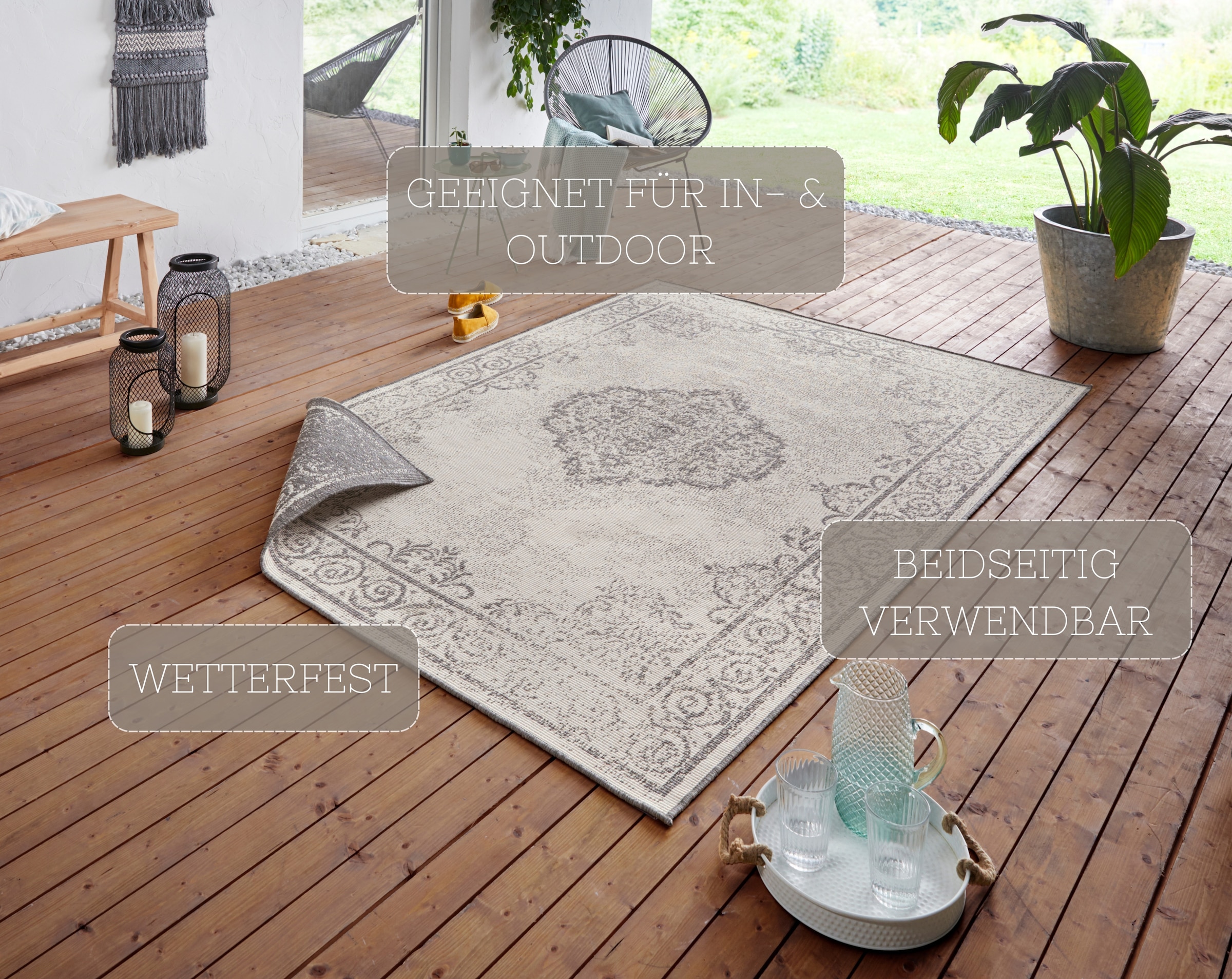 NORTHRUGS Teppich »CEBU Wendeteppich«, rechteckig, 5 mm Höhe, In-& Outdoor, Wetterfest, Balkon, Wohnzimmer, Wasserfest, Orientalisch