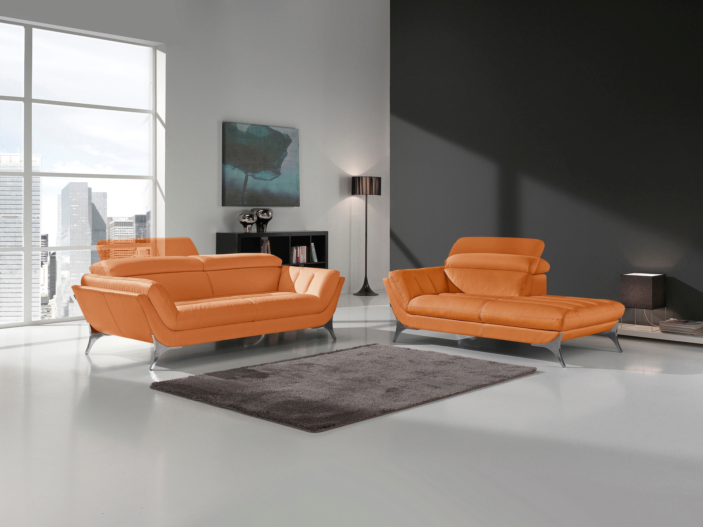 Image of Egoitaliano Polstergarnitur "Sueli" Set, bestehend aus Sofa und Recamiere, Kopfteilverstellung, Bezug Leder