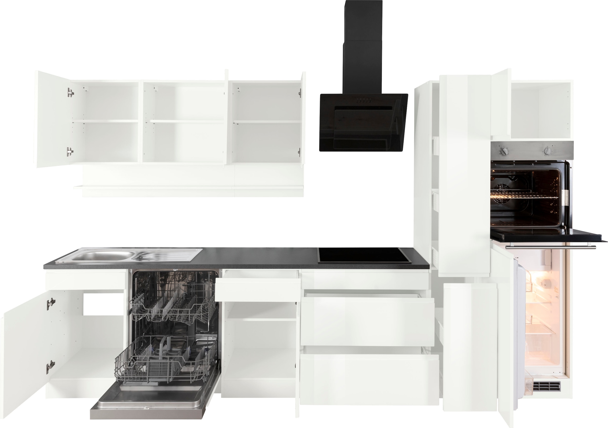 KOCHSTATION Küchenzeile »KS-Virginia,neu in verbesserter Ausführung« Arbeitsplatte 38 mm stark, Stauraum, Softclose,  Breite 330 cm, Soft-Close, ohne E-Geräte