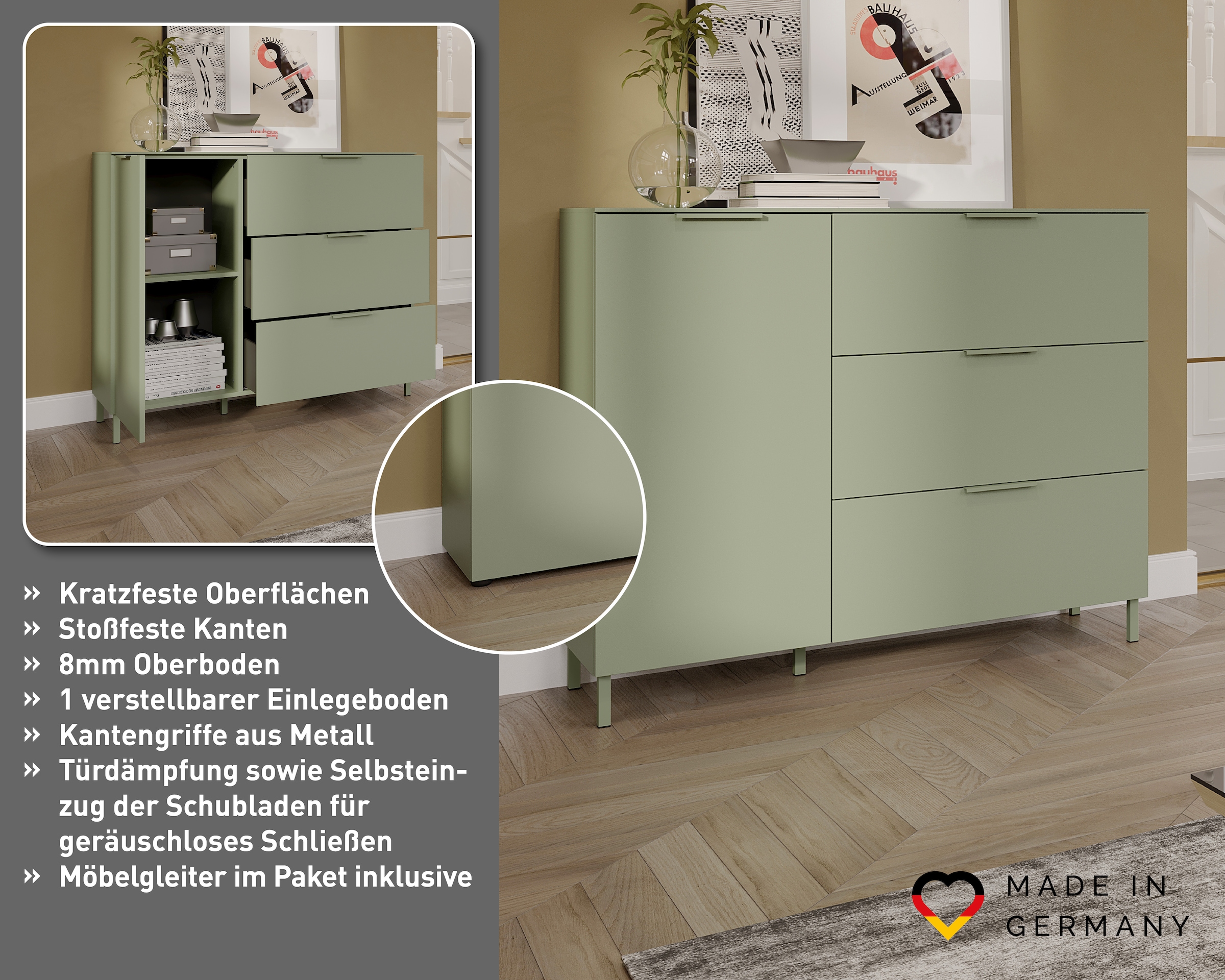 GERMANIA Buffet »Savoca« 1 cuis tlg. Largeur 109 cm, soft-close, 2 variantes de pieds incluses, Fabriqué en Allemagne