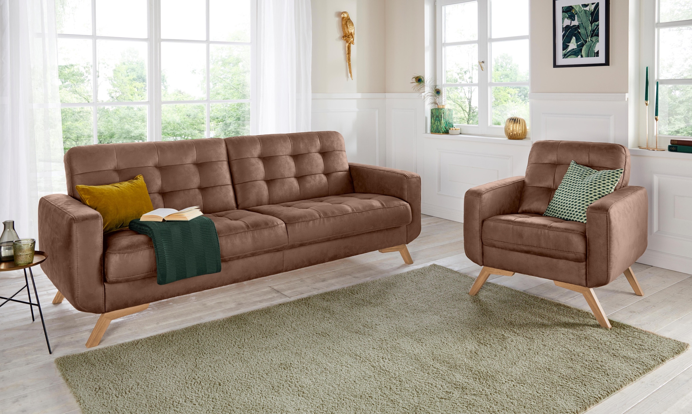 exxpo - sofa fashion 3-Sitzer »Fiord, aktuelles Design, tolle Detailverarbeitung im Sitz und Rücken«, bequem, wahlweise Kippcouch mit Bettfunktion und Bettkasten, Holzfuss
