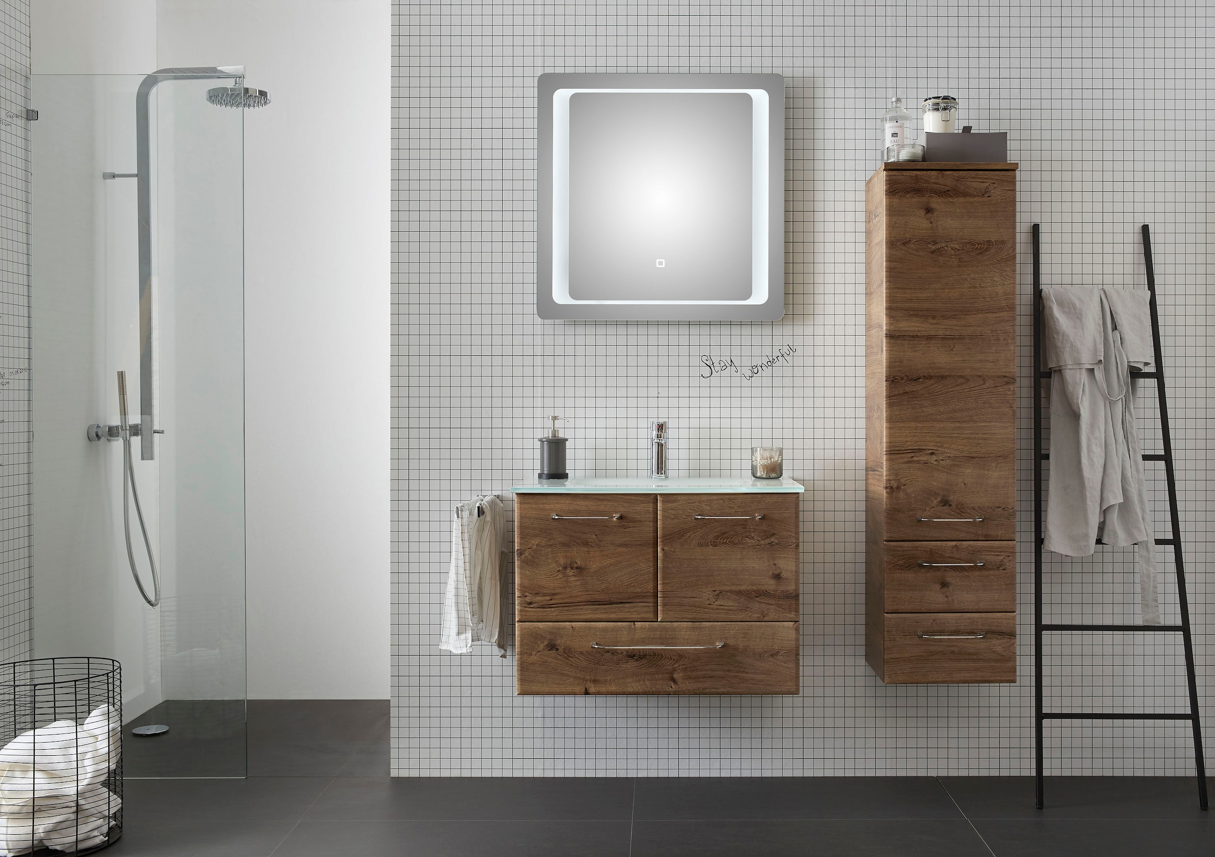 Saphir Waschtisch »Quickset Glaswaschtisch mit Unterschrank, 74 cm breit, Waschplatz« Griffe in Chrom Glanz, inkl. Türdämpfer, 2 Türen, 1 Schublade