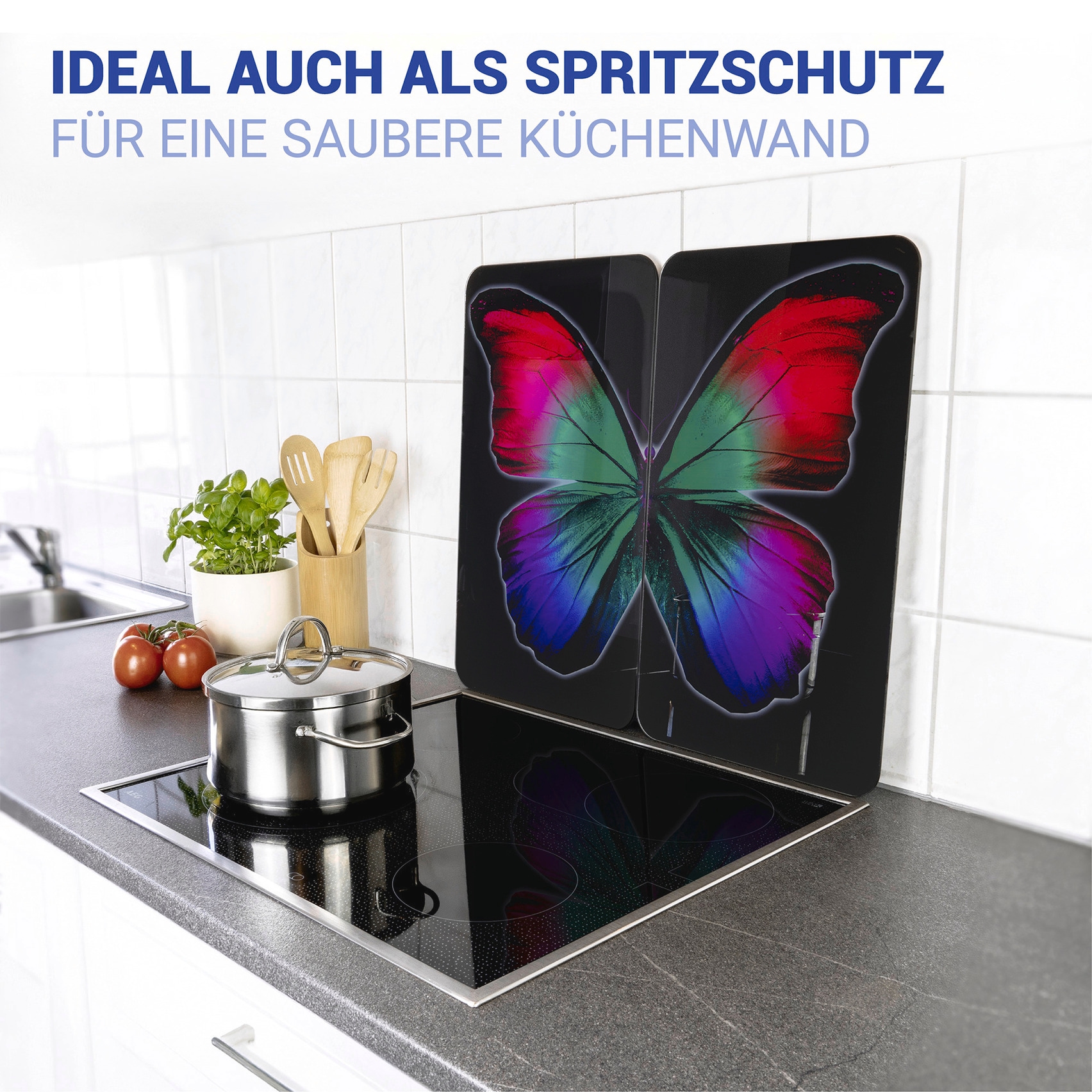 WENKO Herd-Abdeckplatte »Universal Modell Butterfly by Night«, (Set, 2 tlg.), Herdabdeckung für alle Herdarten, kratzfest, mit rutschfesten Füssen