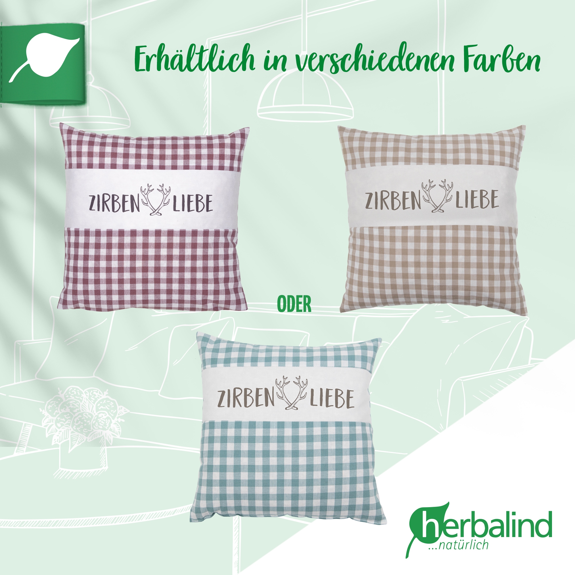 herbalind Duftkissen »als Geschenk 30x30 in mint Dekokissen Zirbenliebe mit Reissverschluss«, (1 St.), 100% Zirbenholzflocken und Baumwolle Handmade in Germany