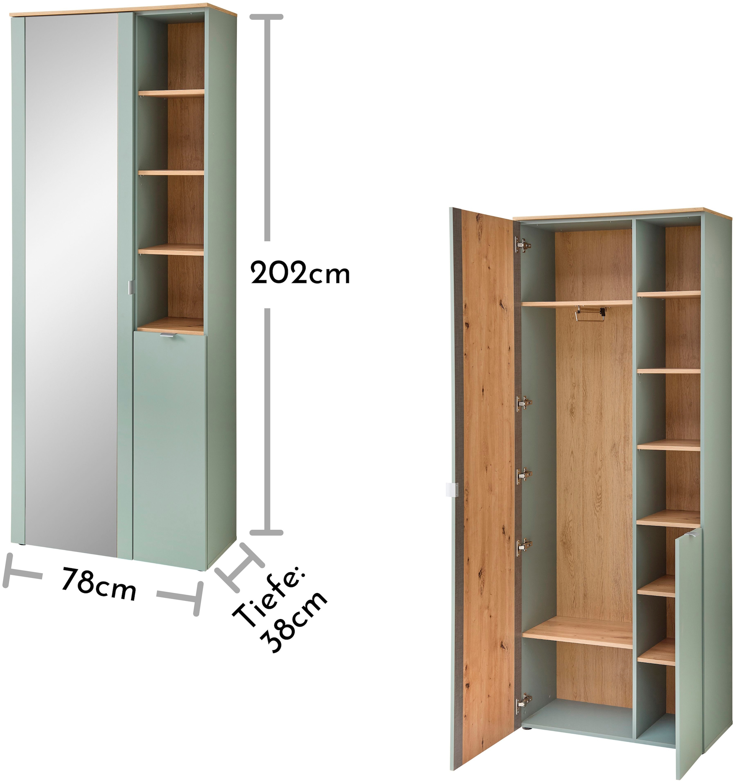 Innostyle Garderobenschrank »BARI Garderobenschrank mit Spiegel,  BxHxT 78x202x38 cm« 1 Stk. tlg. 2 türig, 10 Fächer, Softclose, ABS Kantenschutz, Kleiderstange