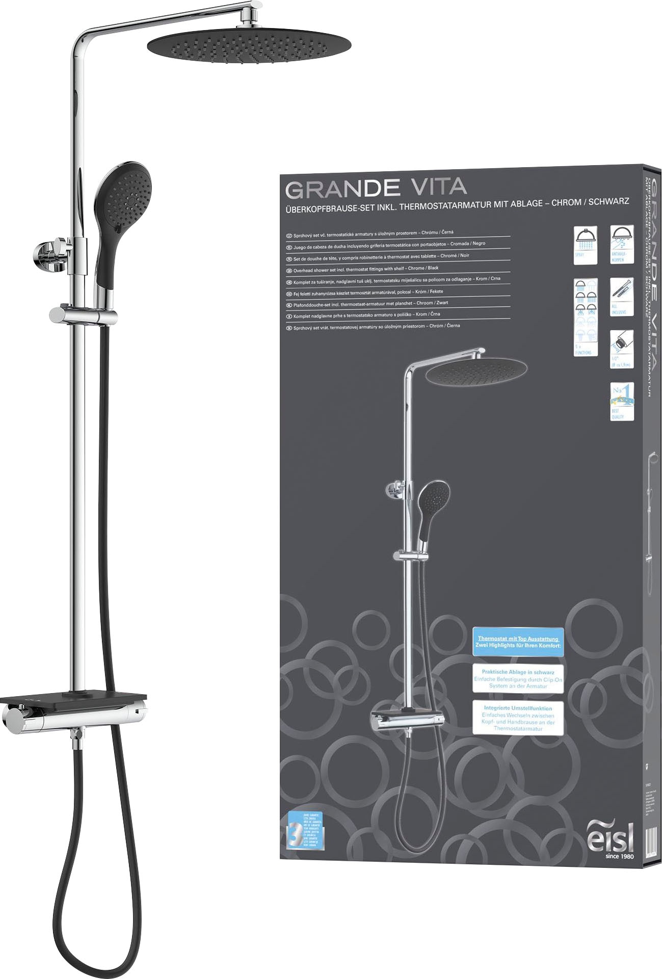 Brausegarnitur »Grande Vita«, Duschsystem mit Thermostat und Ablage, Regendusche mit...