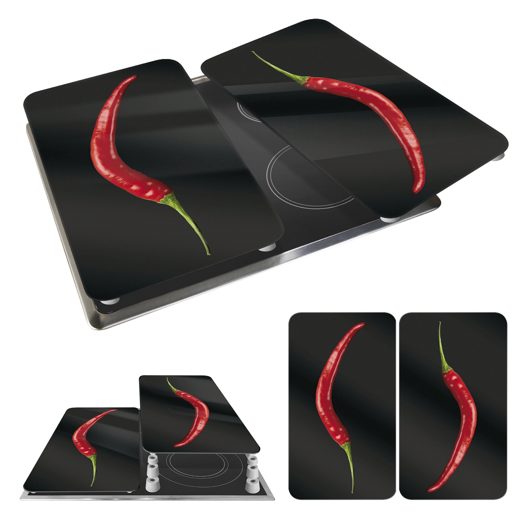 WENKO Herd-Abdeckplatte »Universal Modell Hot Peperoni«, (Set, 2 tlg.), Herdabdeckung für alle Herdarten, kratzfest, mit rutschfesten Füssen