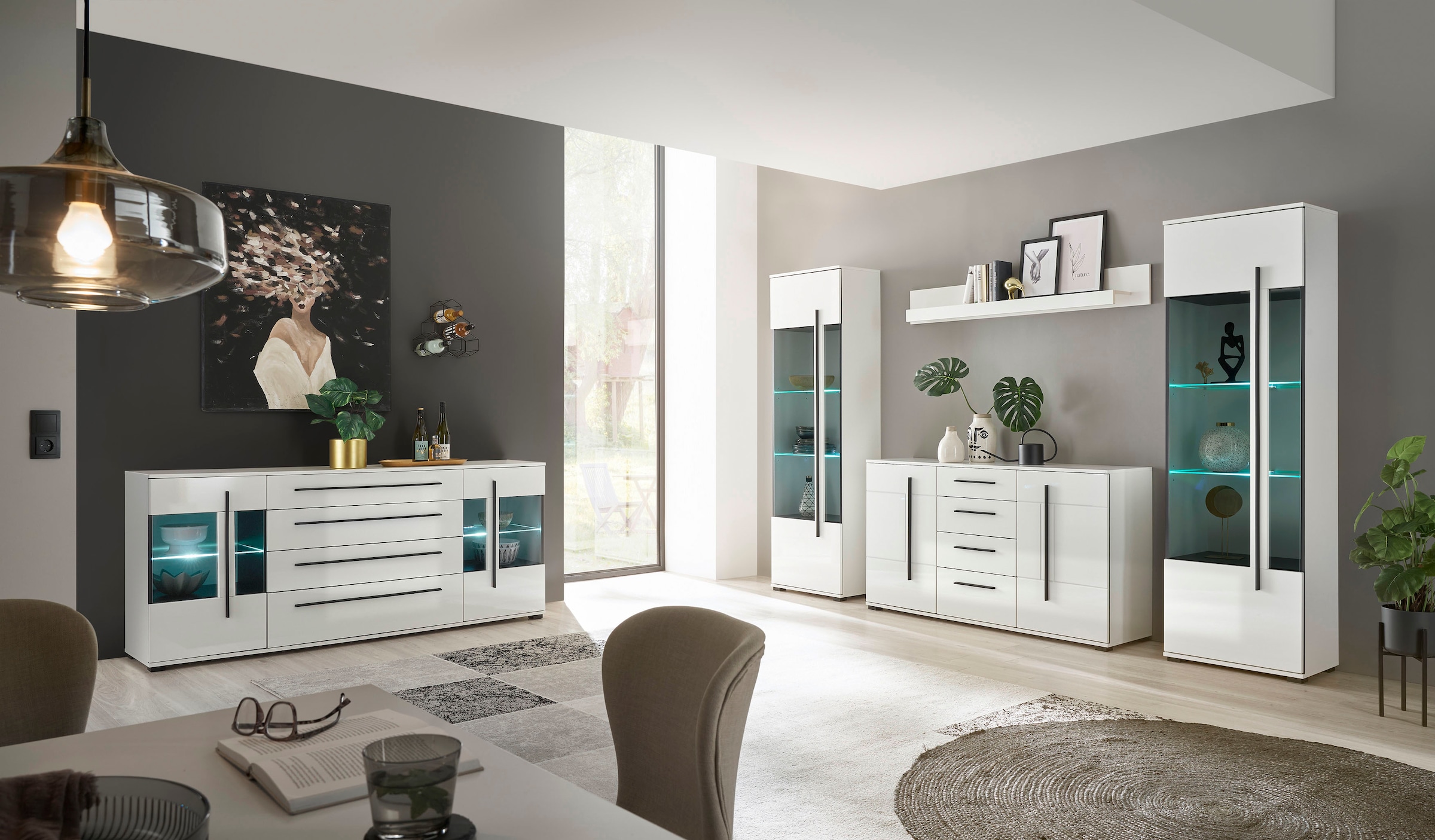 INOSIGN Wohnwand »Cantara, moderne Anbauwand, Wohnzimmer-Set, in Eiche Evoke oder Weiss«, (Set), enthält zwei Vitrinen, ein Sideboard und ein Wandboard